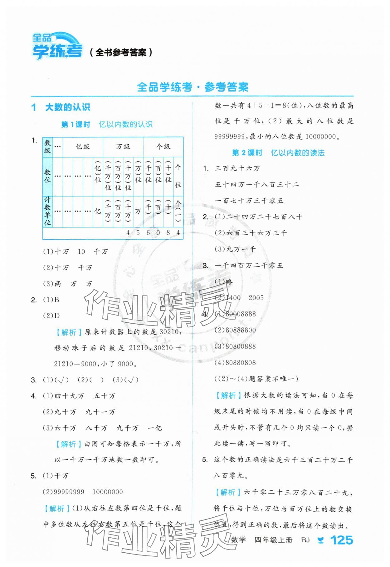 2024年全品学练考四年级数学上册人教版 参考答案第1页