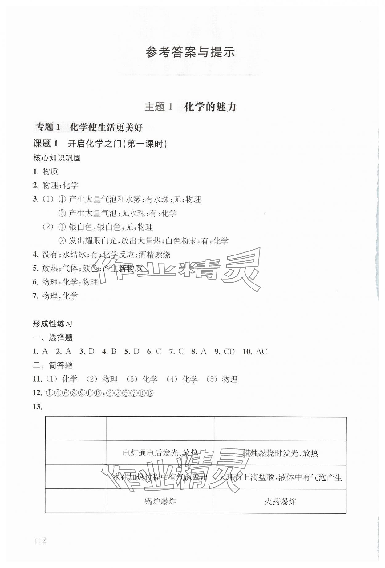 2024年初中化學精練與拓展八年級上冊滬教版五四制 參考答案第1頁