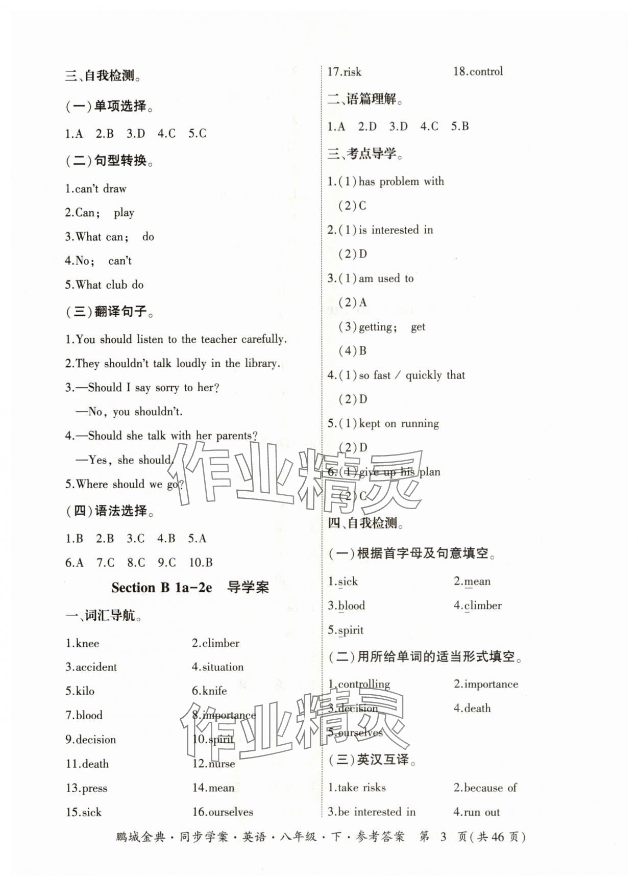 2024年名師幫同步學案八年級英語下冊人教版 參考答案第3頁