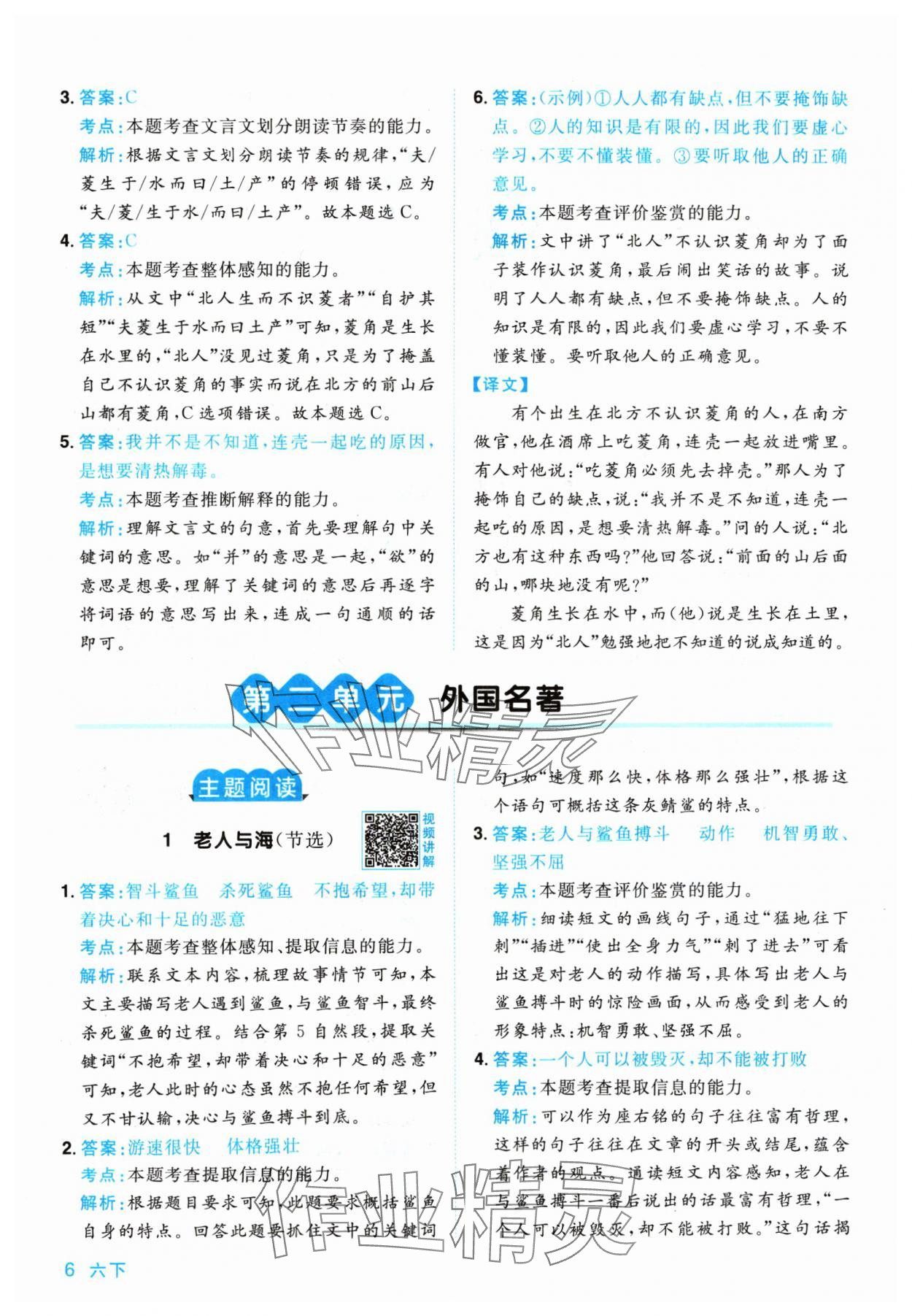 2024年陽光同學(xué)同步閱讀素養(yǎng)測試六年級語文下冊人教版 參考答案第6頁