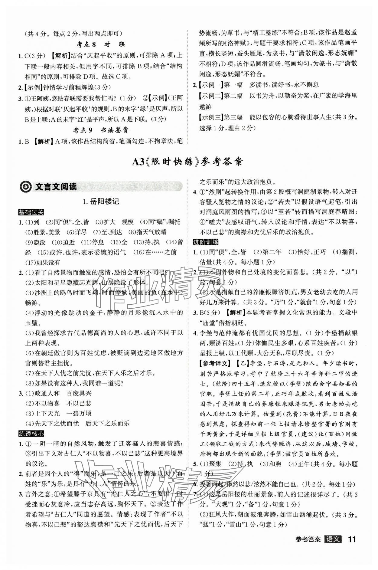 2025年中考總復(fù)習(xí)名師A計劃語文中考 參考答案第11頁