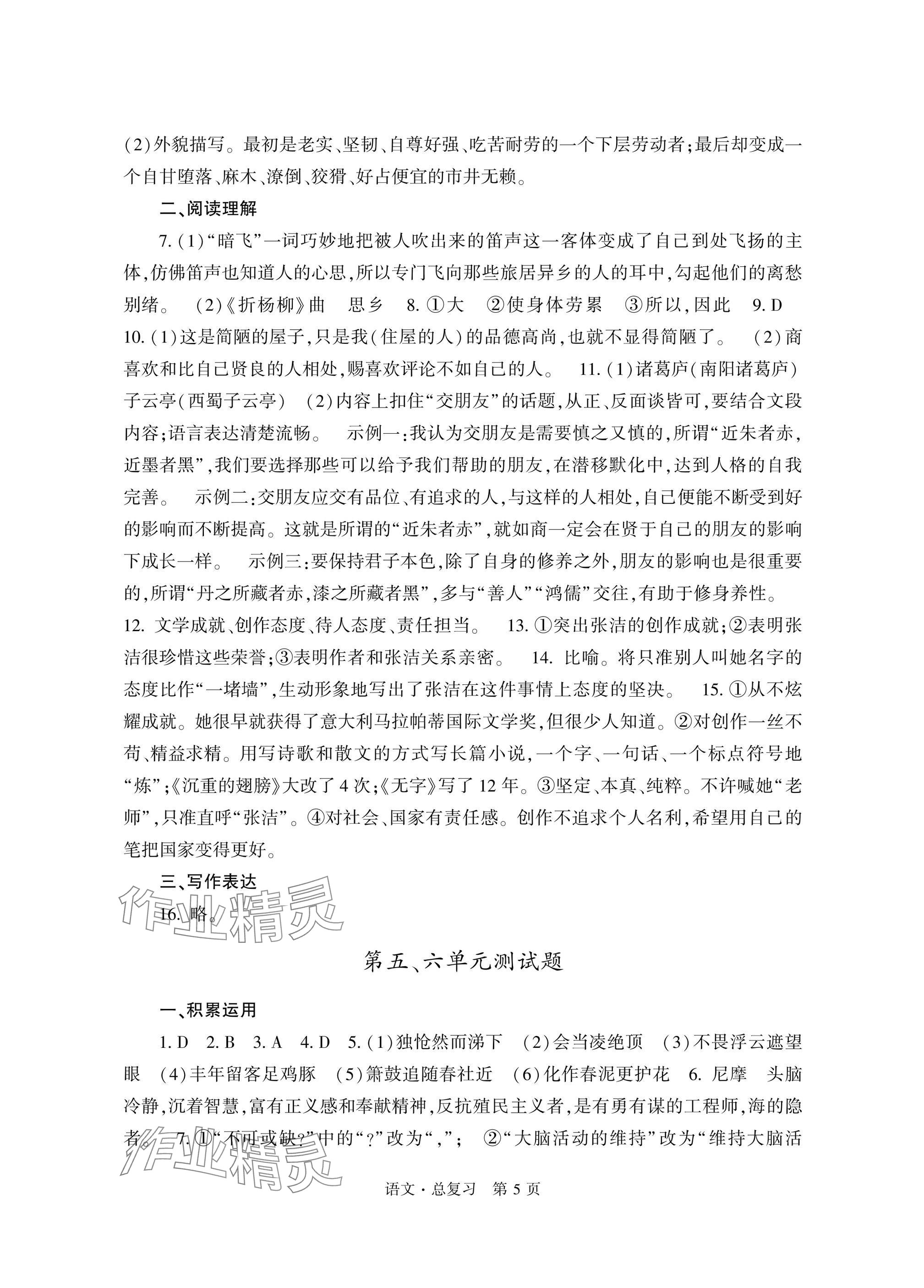 2025年自主学习指导课程总复习语文 参考答案第5页