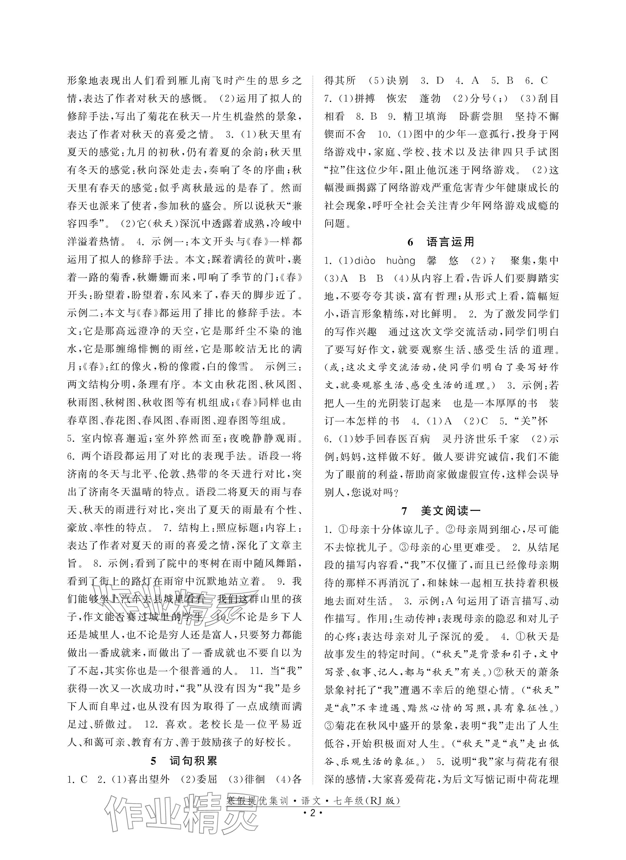 2024年寒假提优集训20天七年级语文人教版 参考答案第2页