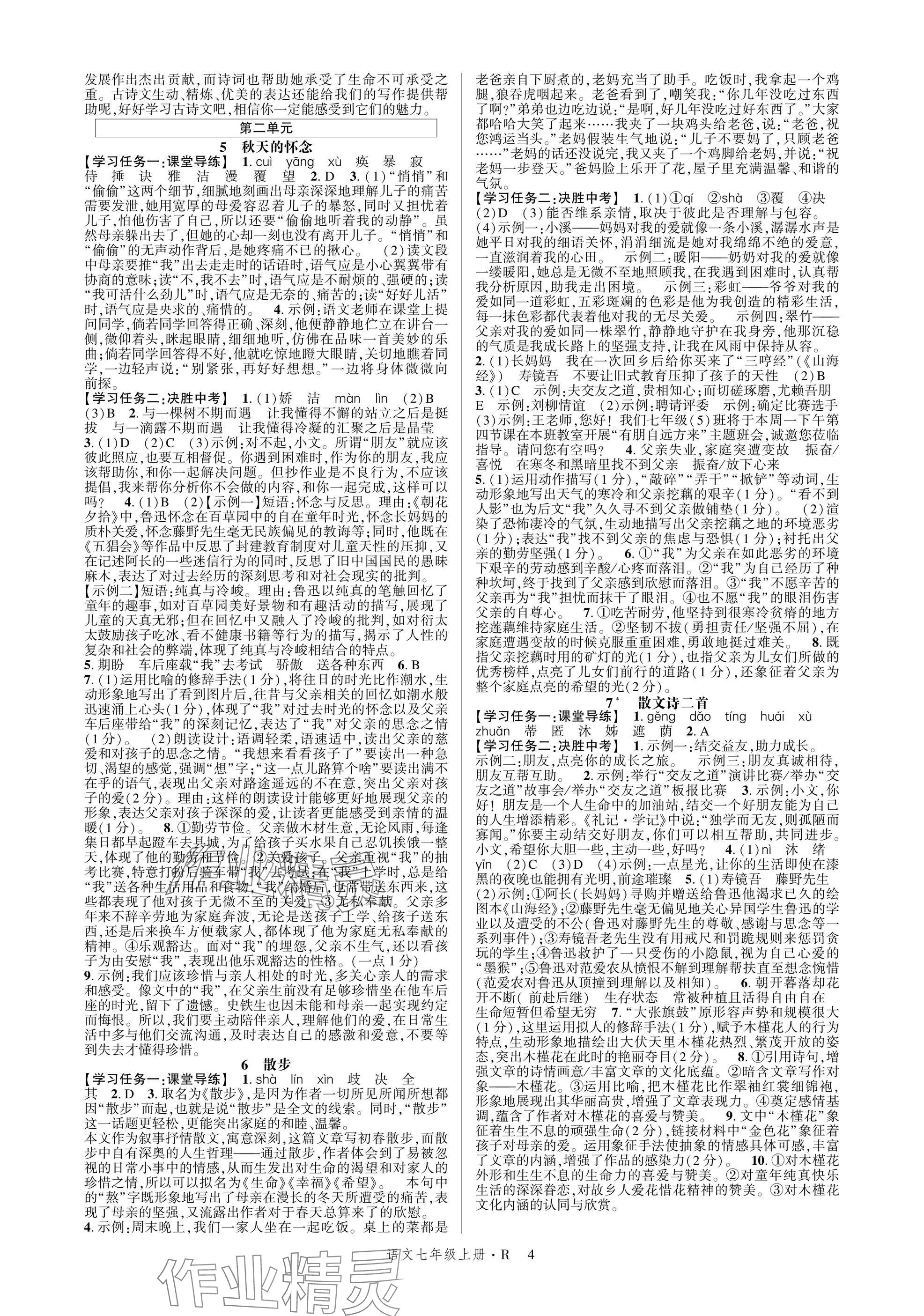 2025年高分突破課時(shí)達(dá)標(biāo)講練測(cè)七年級(jí)語(yǔ)文上冊(cè)人教版 參考答案第4頁(yè)