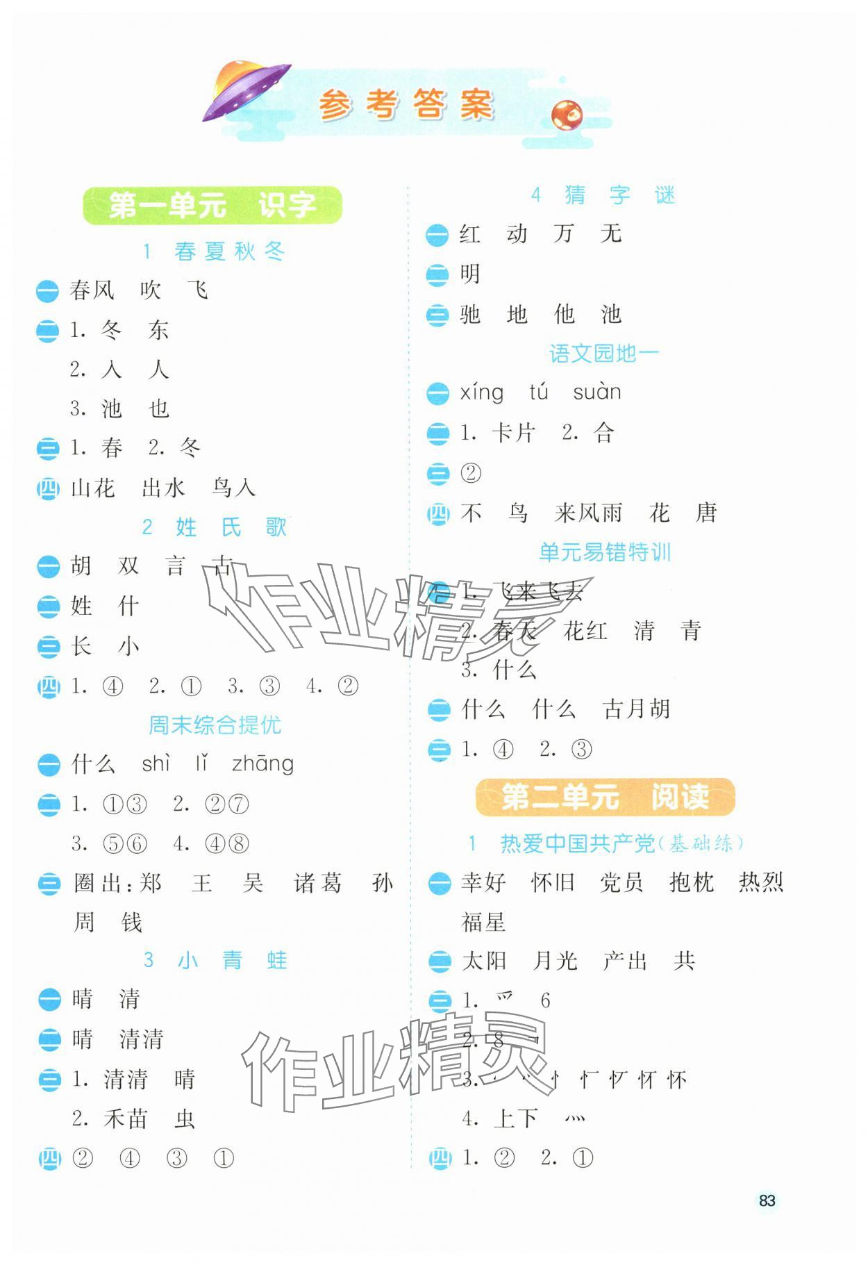 2025年春雨教育默寫高手一年級語文人教版 參考答案第1頁