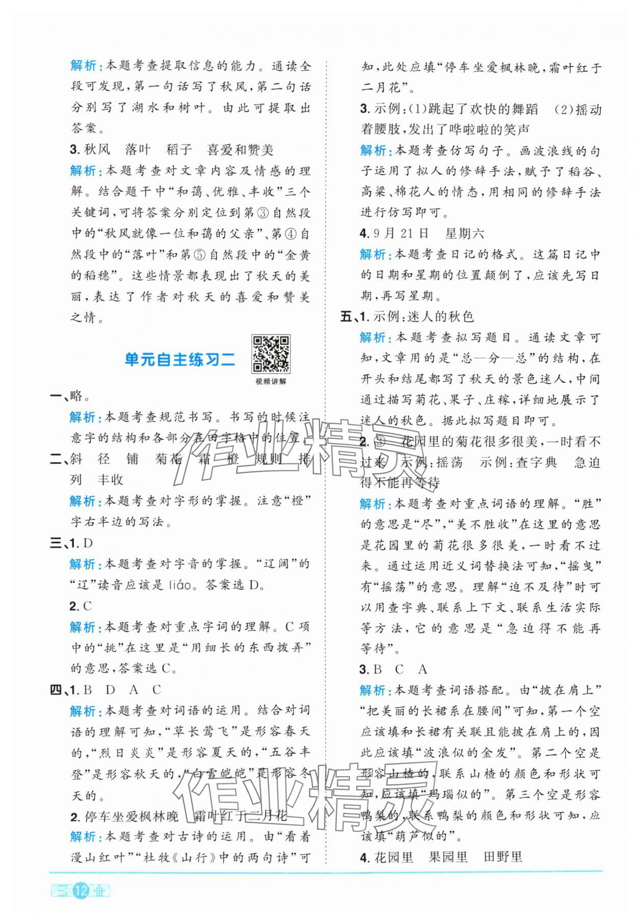 2024年陽光同學(xué)課時優(yōu)化作業(yè)三年級語文上冊人教版 參考答案第12頁