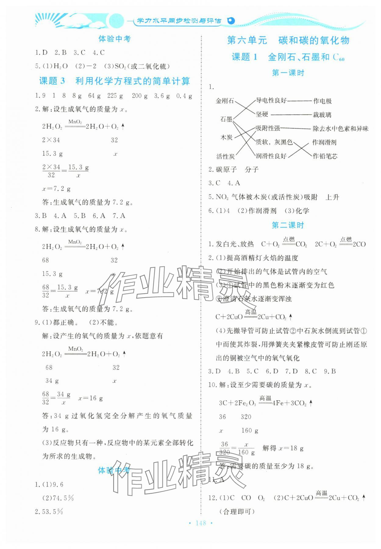 2023年學力水平同步檢測與評估九年級化學全一冊人教版 參考答案第6頁