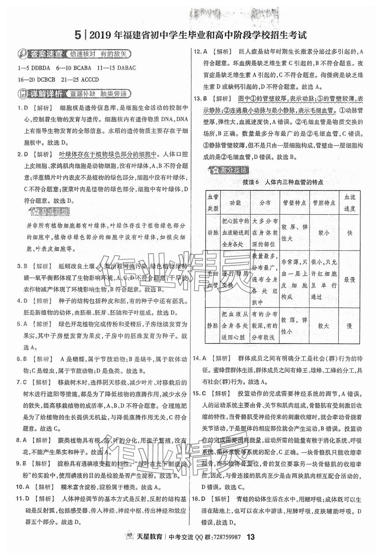 2024年金考卷福建中考45套匯編生物 參考答案第13頁