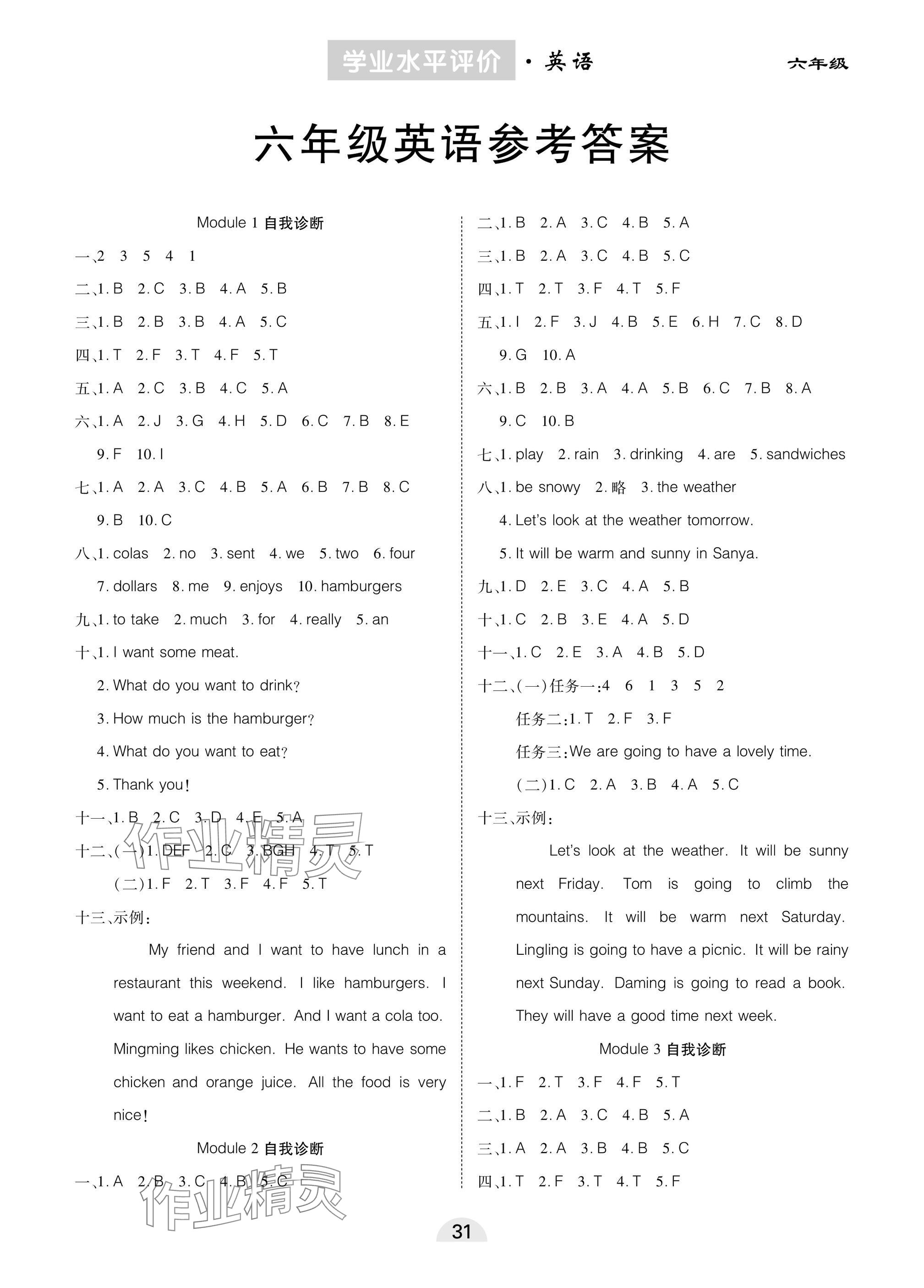2025年學業水平評價六年級英語下冊外研版 參考答案第1頁