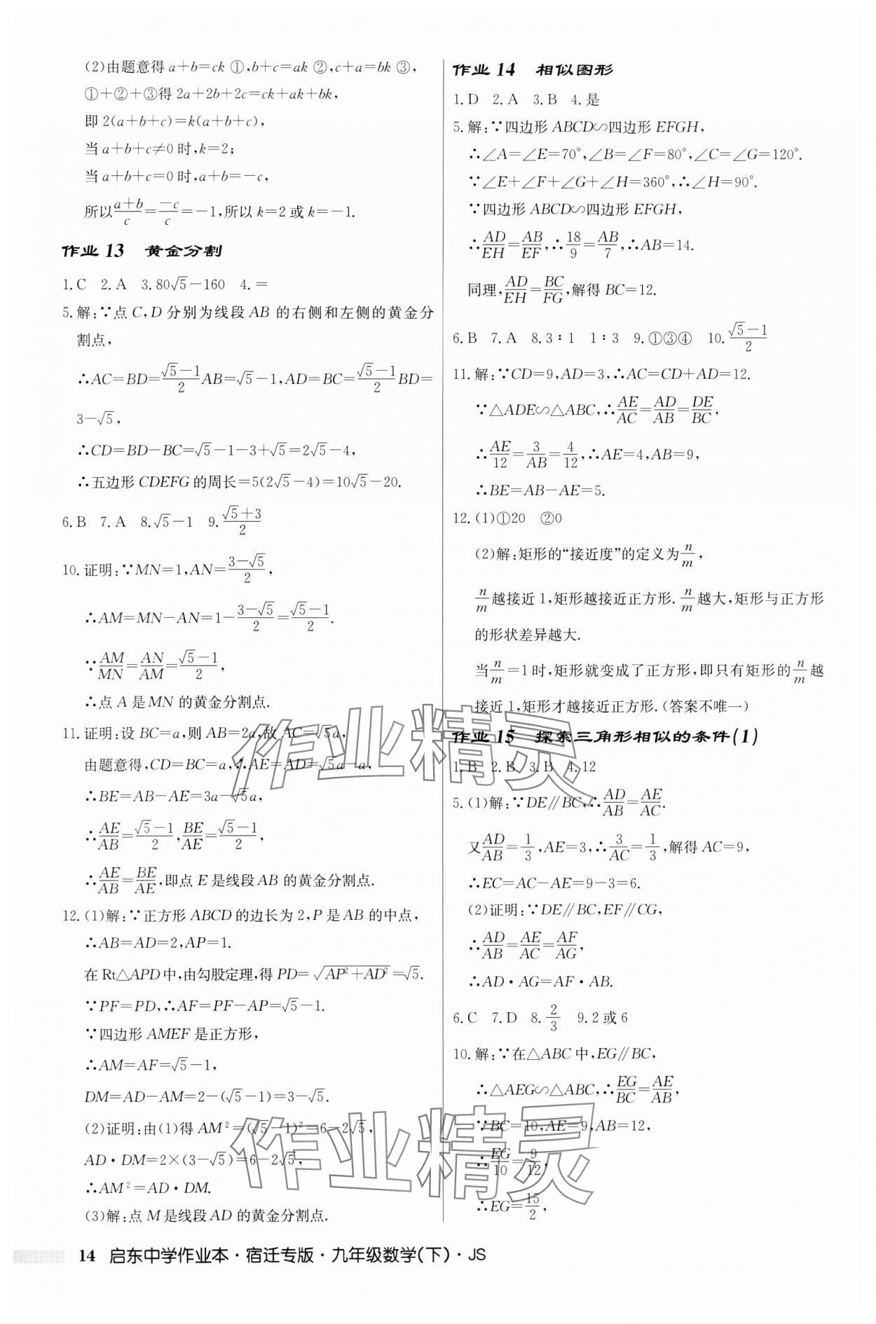 2024年啟東中學(xué)作業(yè)本九年級數(shù)學(xué)下冊蘇科版宿遷專版 第14頁