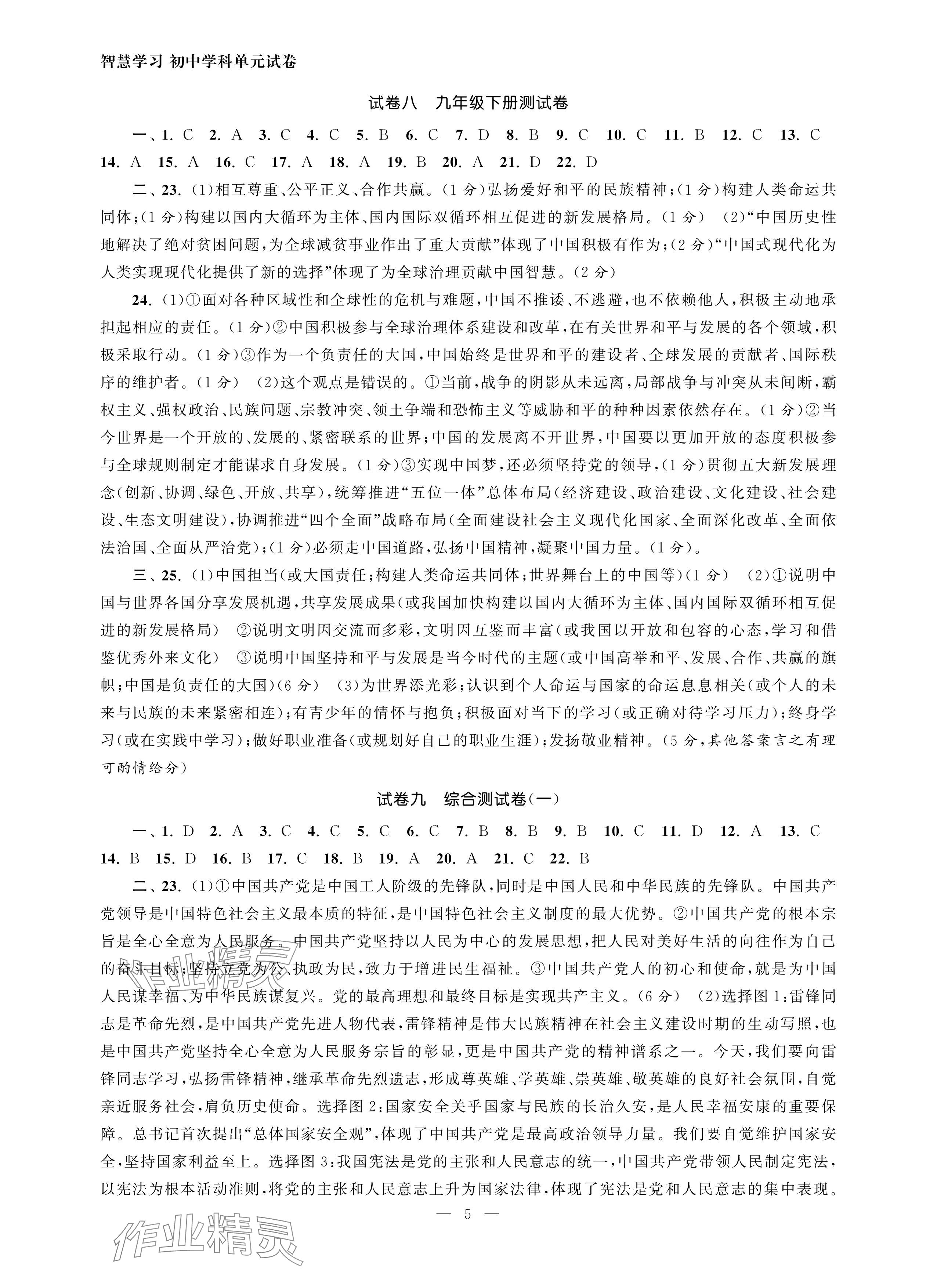 2024年智慧学习初中学科单元试卷九年级.总复习道德与法治 参考答案第5页