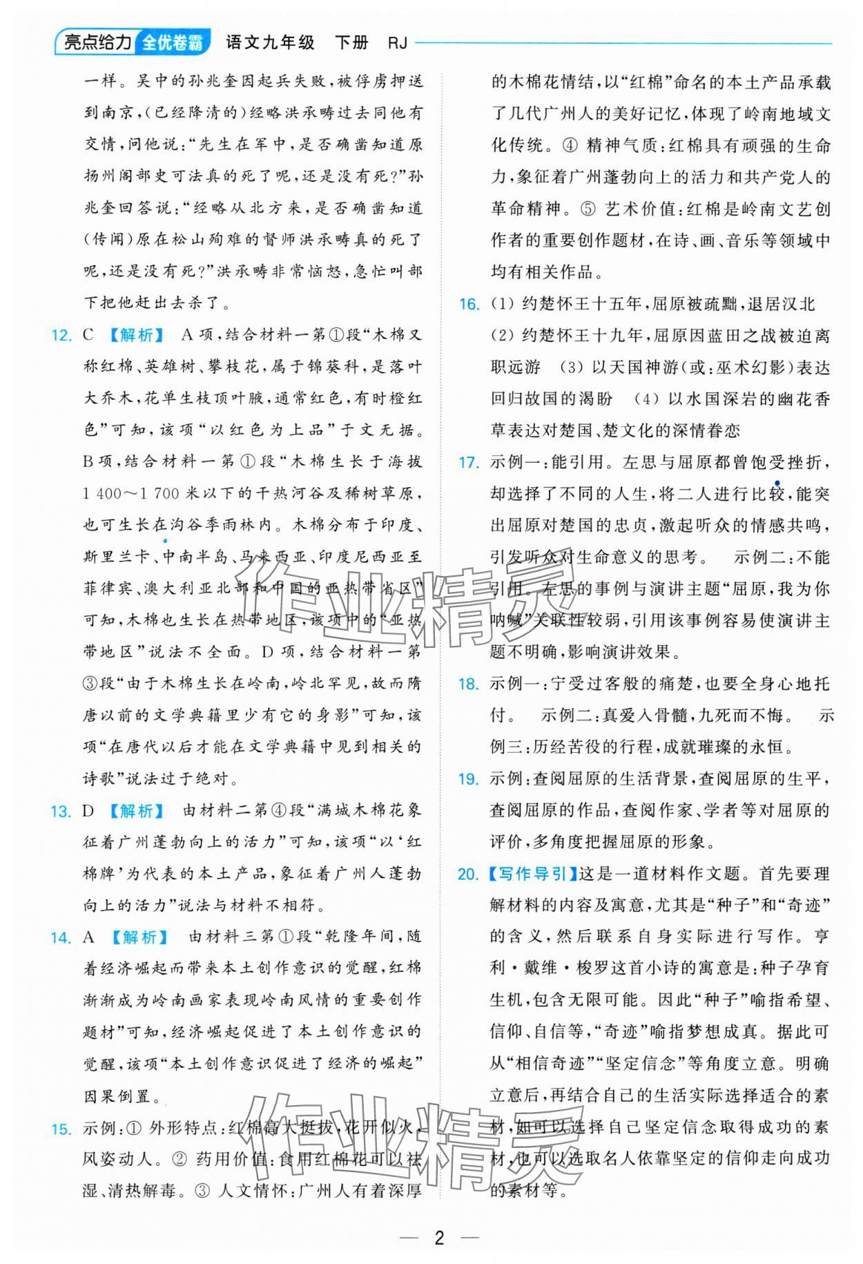 2025年亮点给力全优卷霸九年级语文下册人教版 参考答案第2页