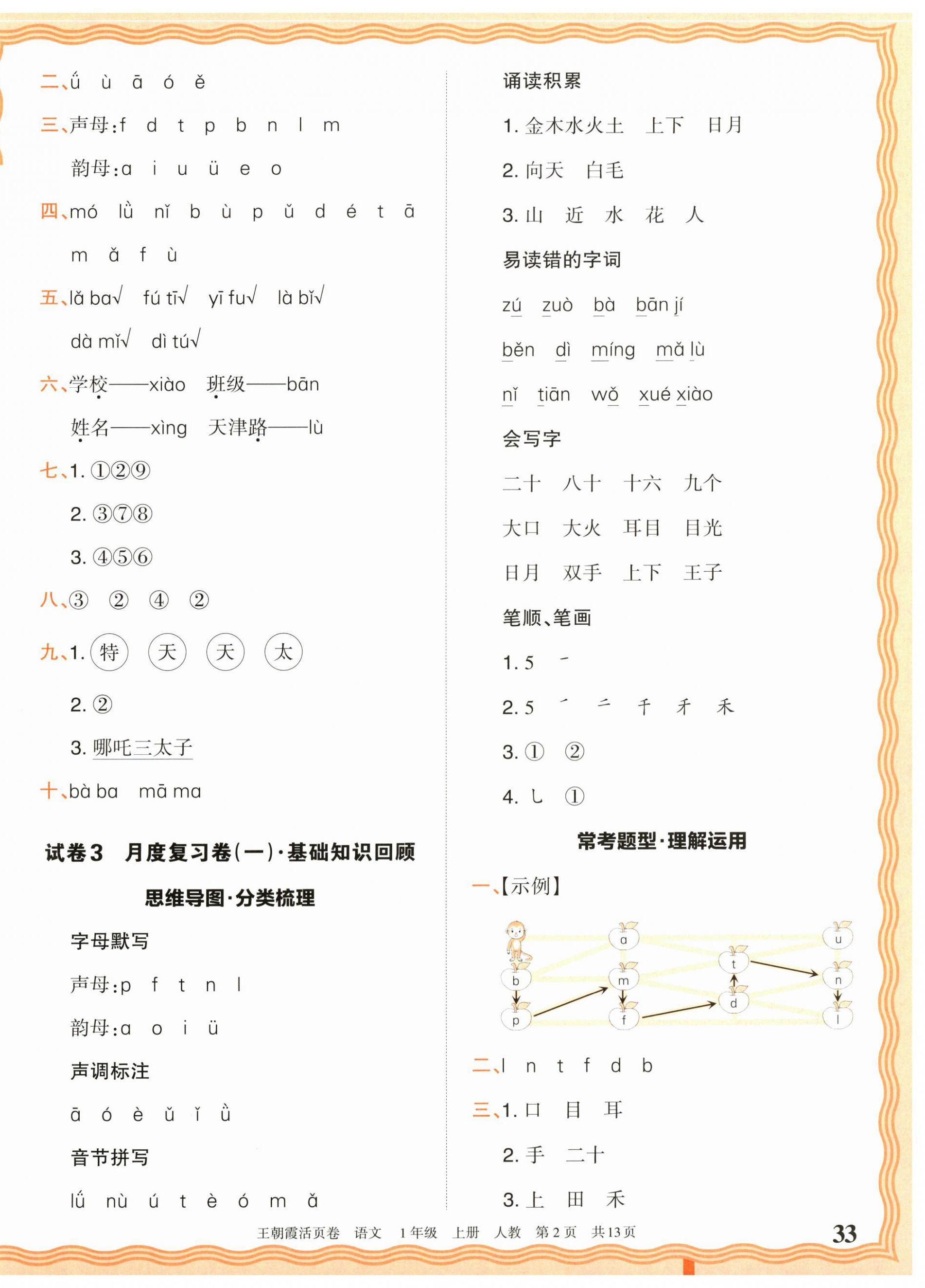 2026年王朝霞活页卷一年级语文上册人教版&nbsp;参考答案第2页