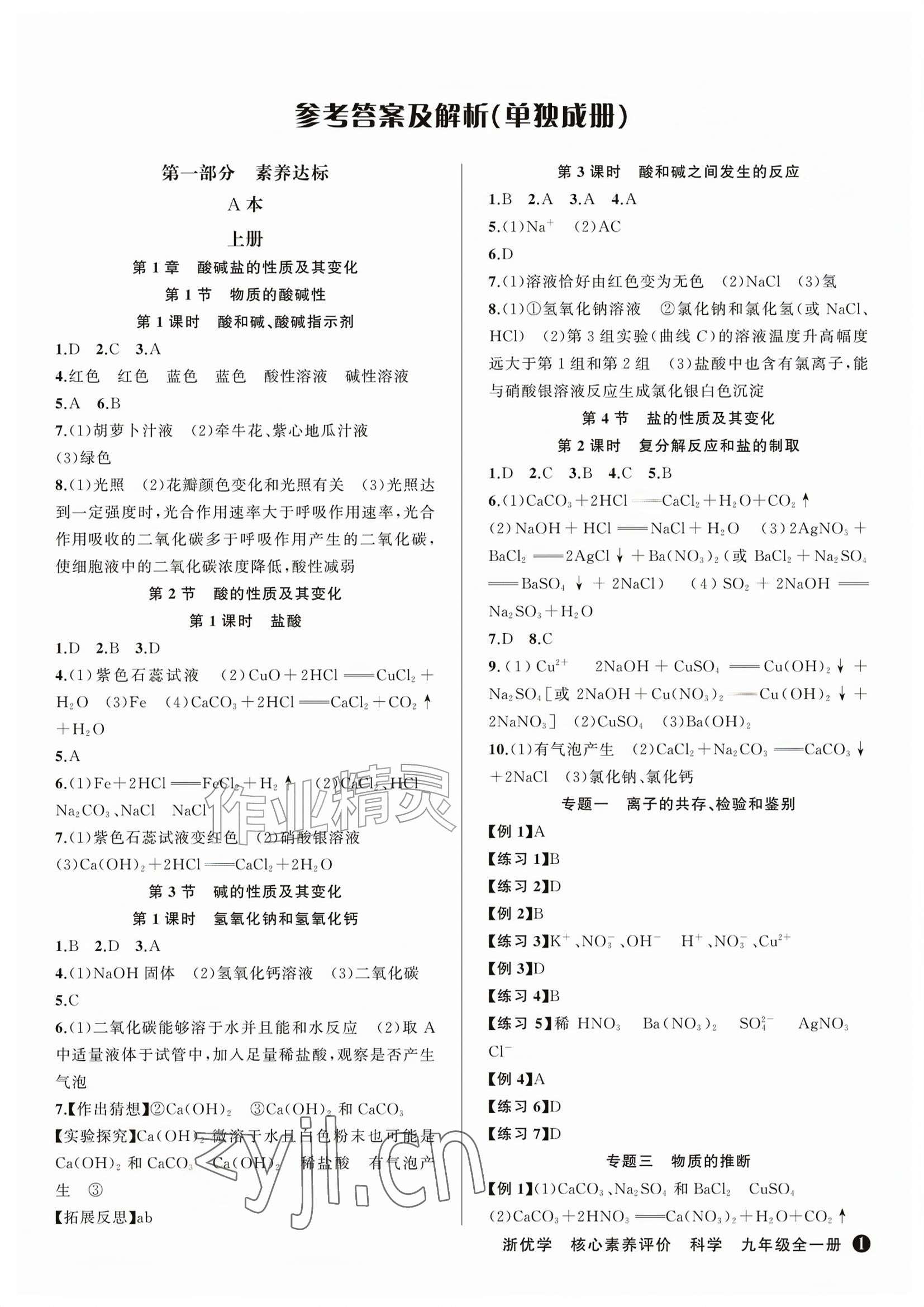 2026年浙优学核心素养评价九年级科学上册浙教版&nbsp;参考答案第1页