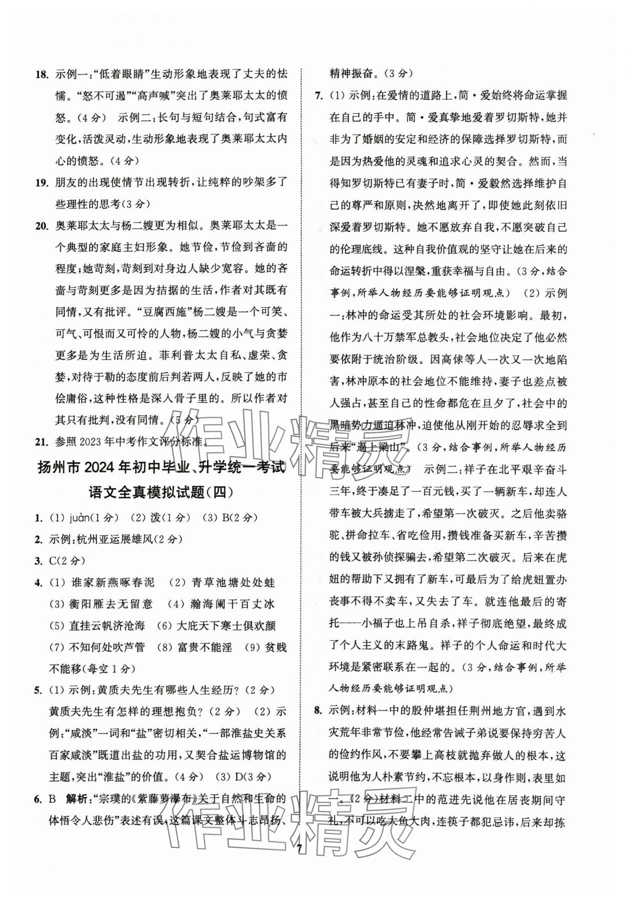 2024年金鑰匙精通中考全真模擬試卷語(yǔ)文揚(yáng)州專版 參考答案第6頁(yè)