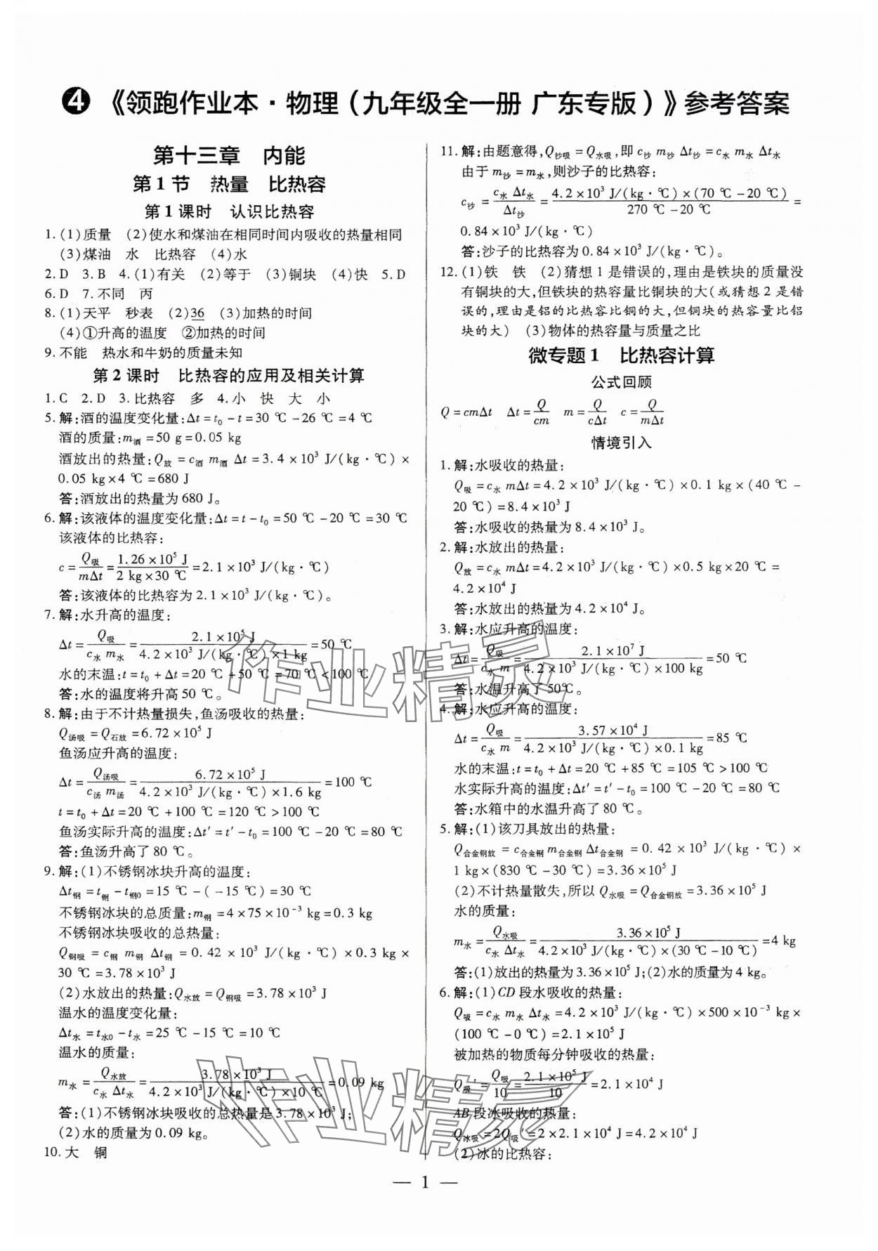 2025年領(lǐng)跑作業(yè)本九年級物理全一冊人教版廣東專版 第1頁