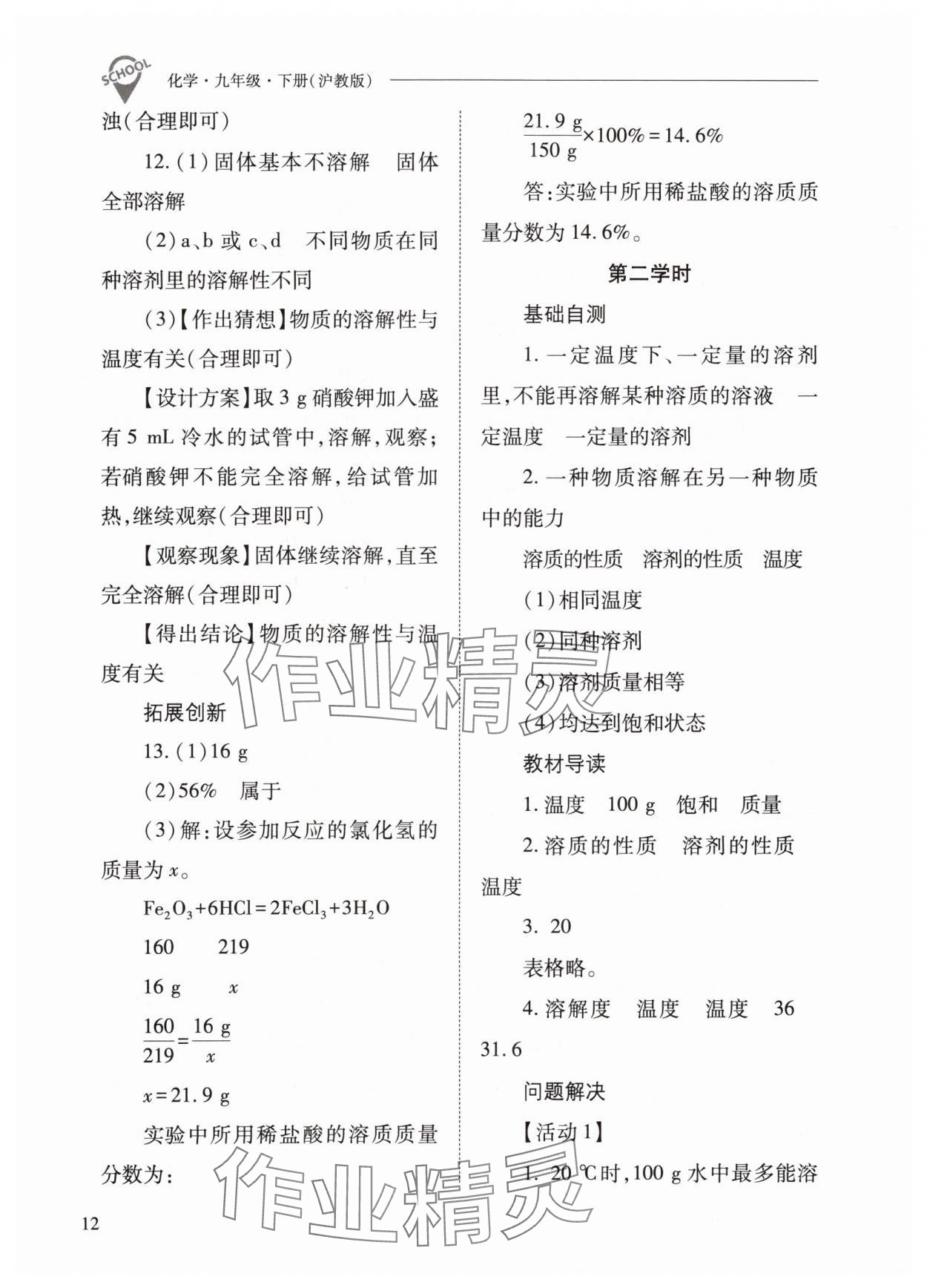 2024年新课程问题解决导学方案九年级化学下册沪教版 参考答案第12页