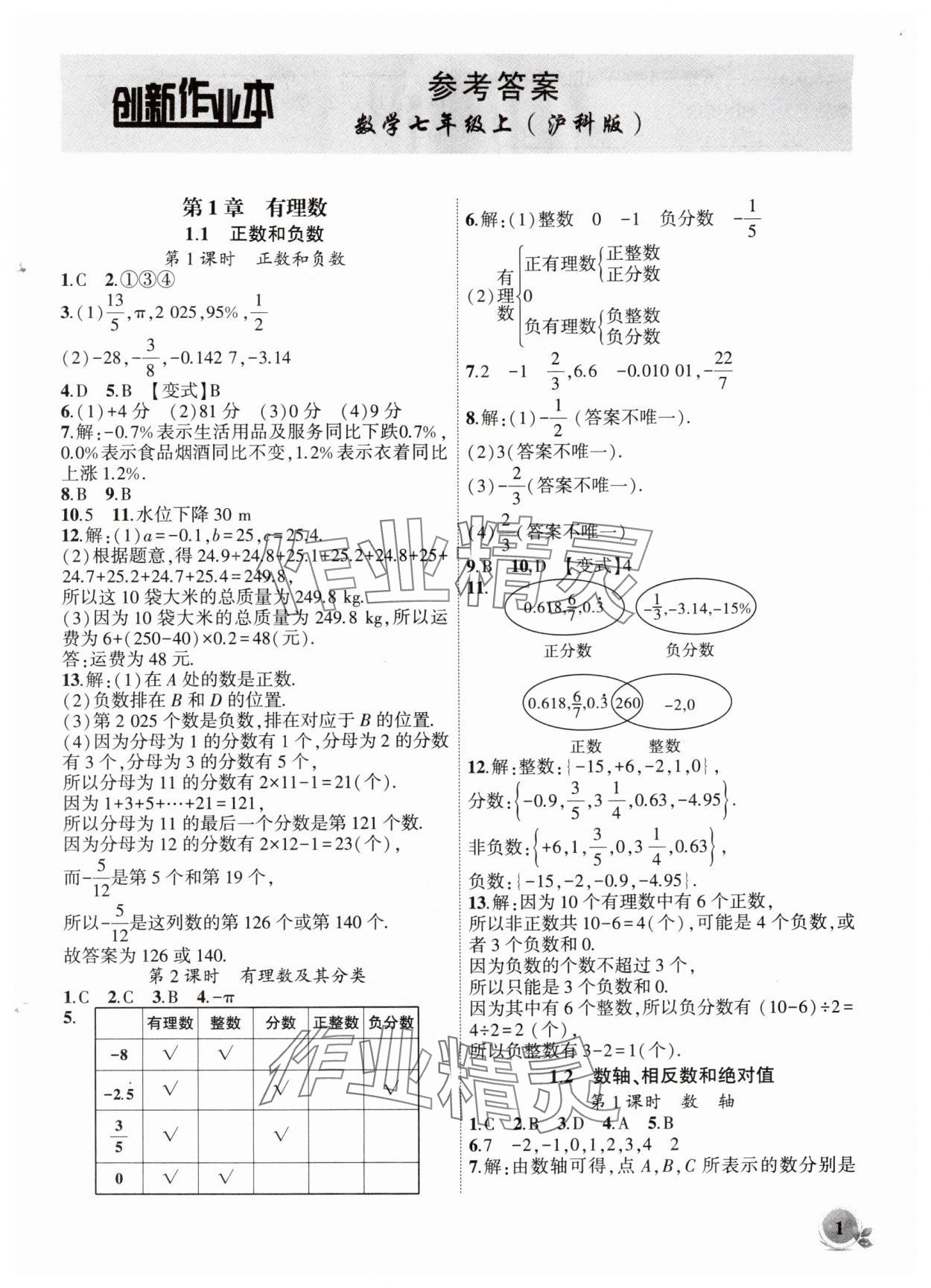 2025年创新课堂创新作业本七年级数学上册沪科版 第1页
