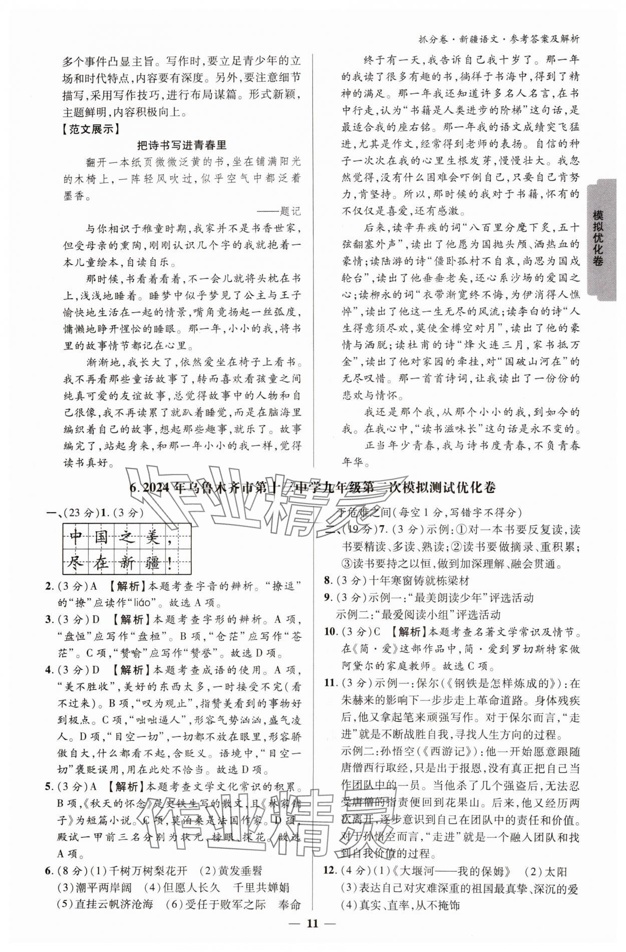2025年抓分卷语文新疆专版&nbsp;参考答案第10页