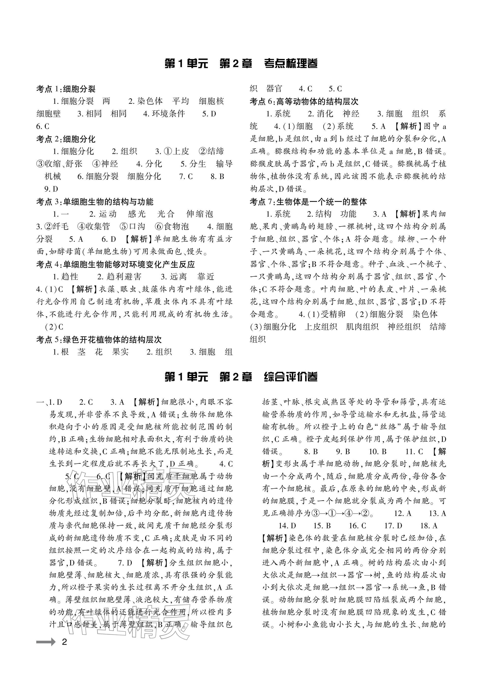 2025年节节高大象出版社七年级生物上册苏教版 参考答案第2页