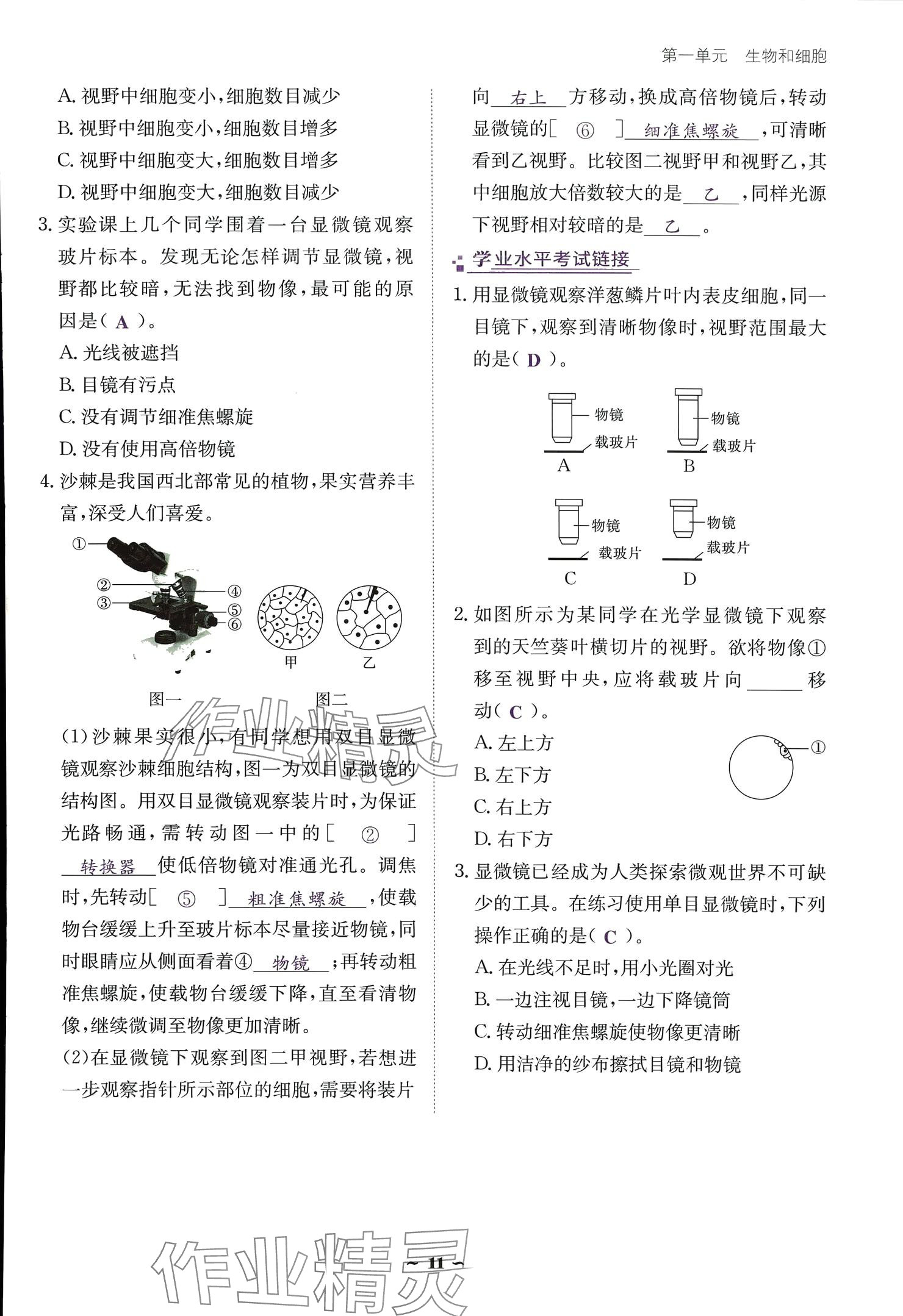 2024云南省標(biāo)準(zhǔn)教輔優(yōu)佳學(xué)案七年級生物上冊 參考答案第11頁