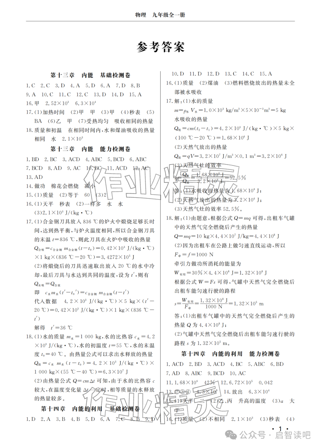 2025年同步练习册分层检测卷九年级物理全一册人教版 参考答案第1页