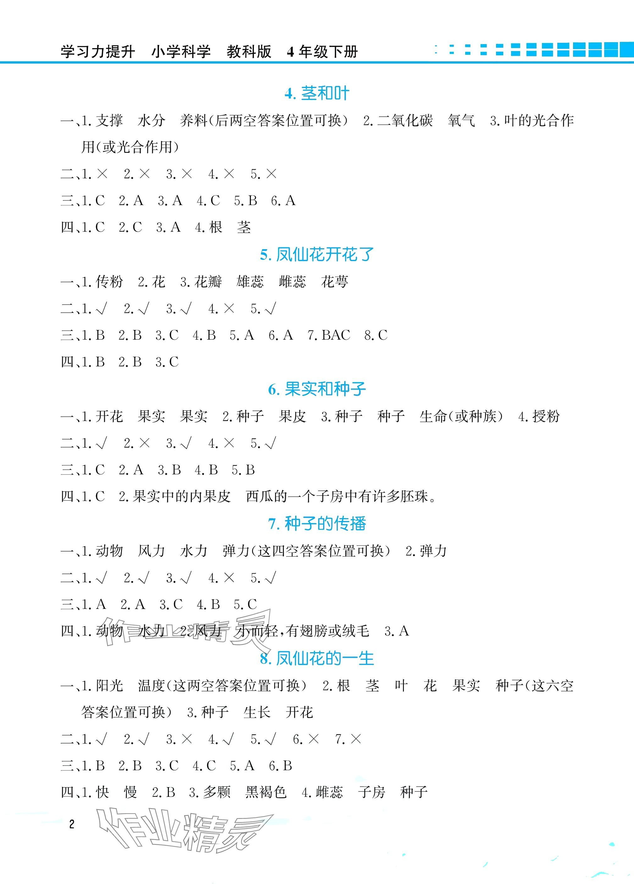 2025年學習力提升四年級科學下冊教科版 參考答案第2頁