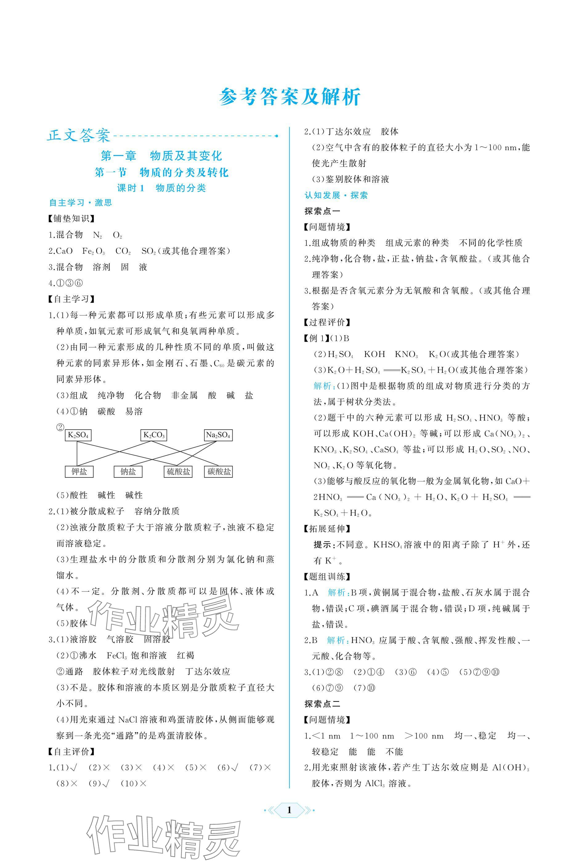 2024年同步解析與測評課時練人民教育出版社高中化學(xué)必修1人教版增強版 參考答案第1頁