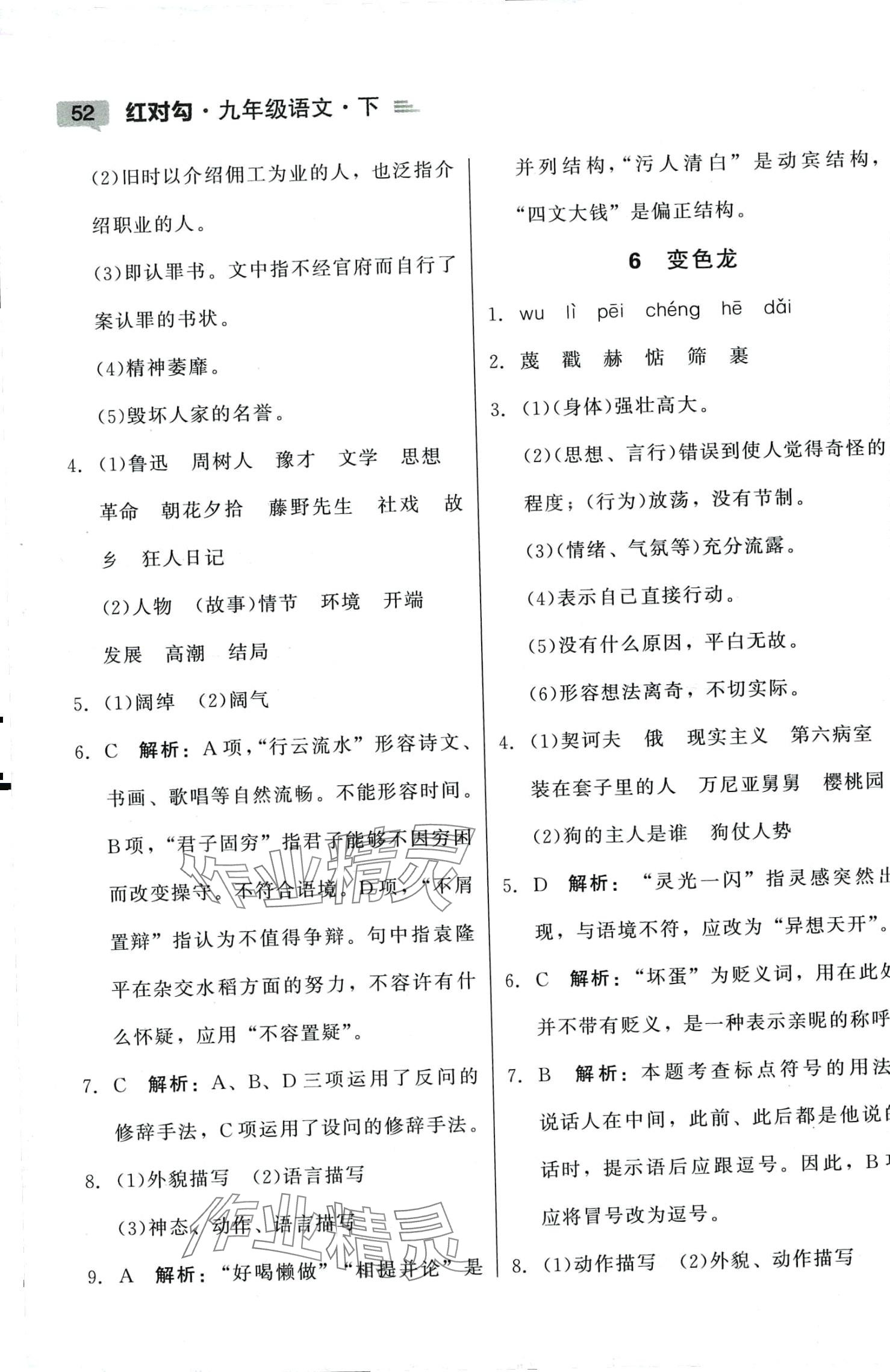 2024年红对勾45分钟作业与单元评估九年级语文下册人教版 参考答案第4页