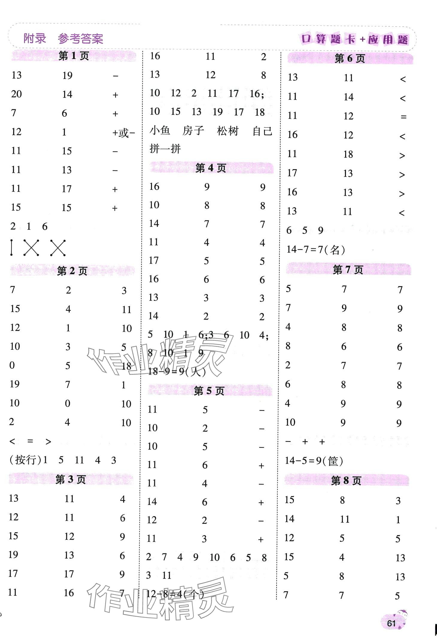 2024年口算题卡加应用题一日一练一年级数学下册人教版 第1页