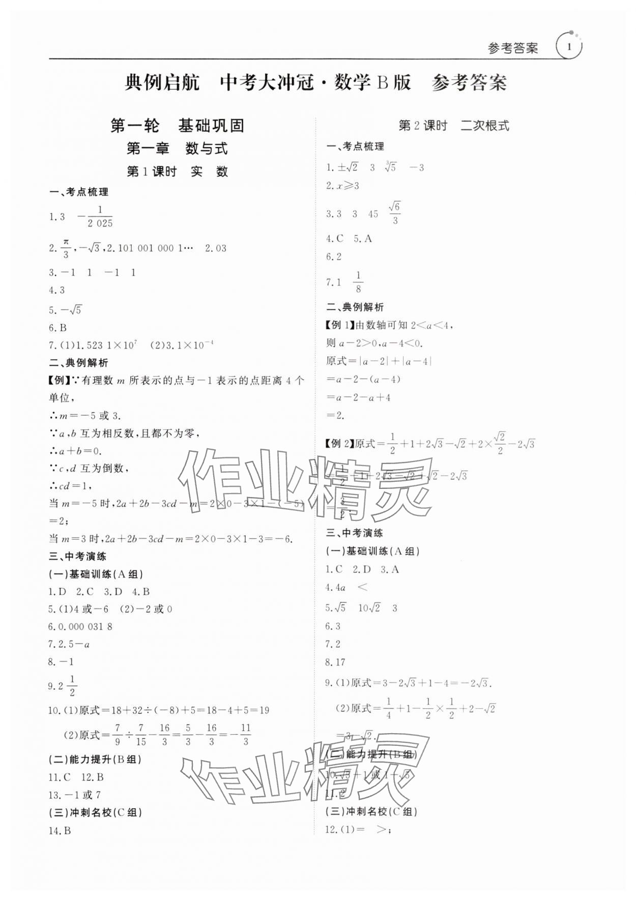 2025年典例啟航中考大沖冠數學廣東專版 參考答案第1頁
