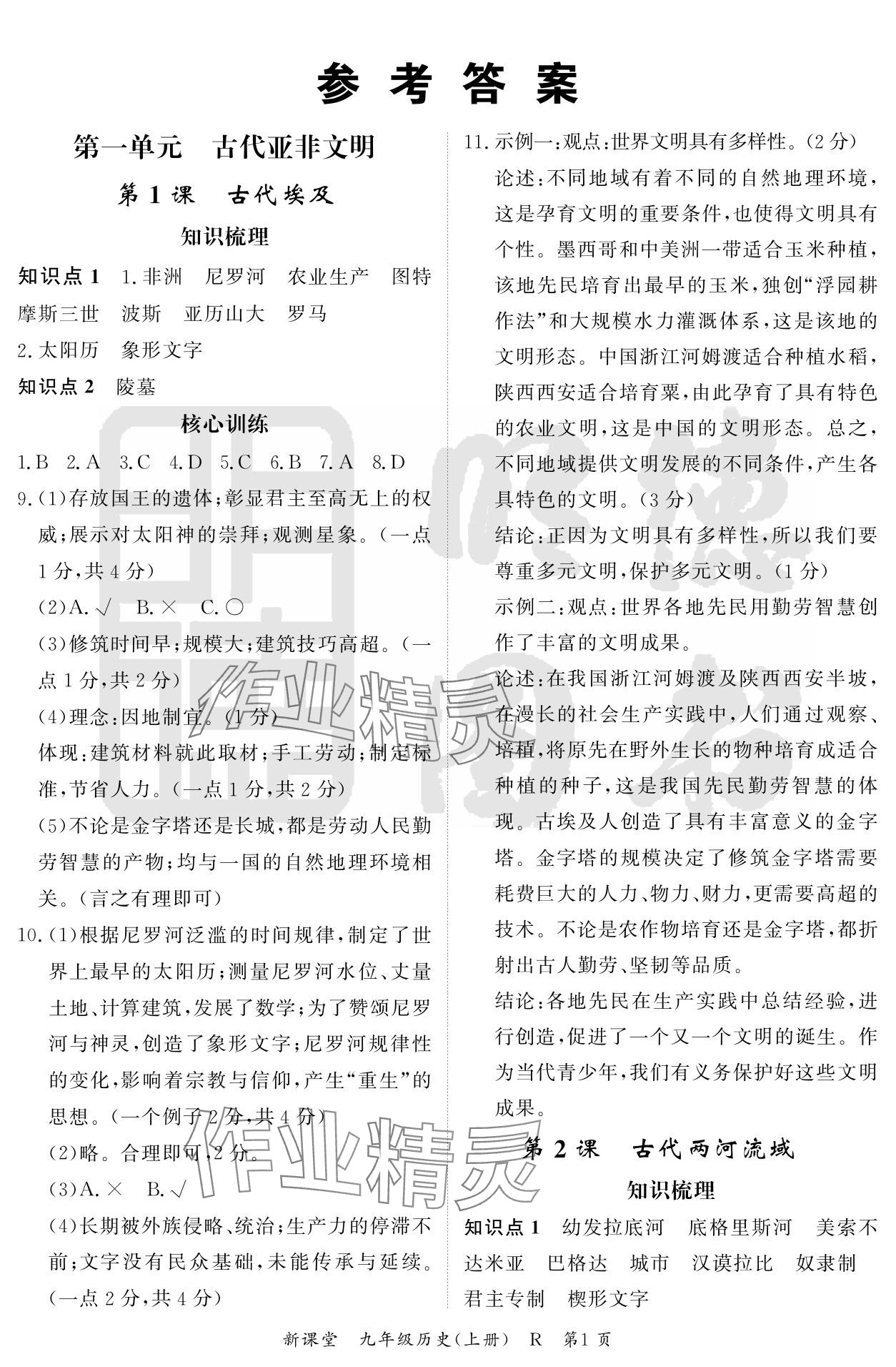 2024年啟航新課堂九年級歷史上冊人教版 參考答案第1頁