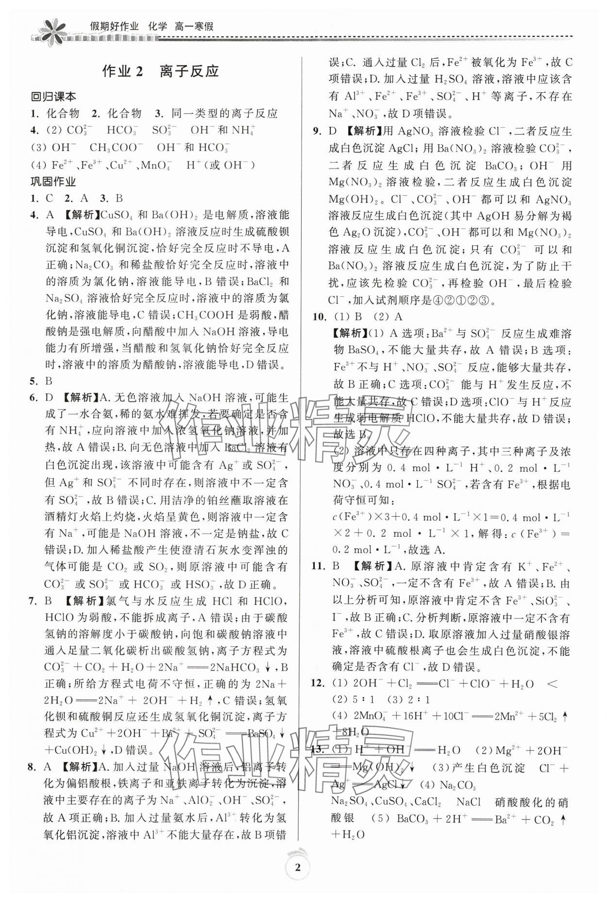 2024年假期好作业高一化学寒假 参考答案第2页