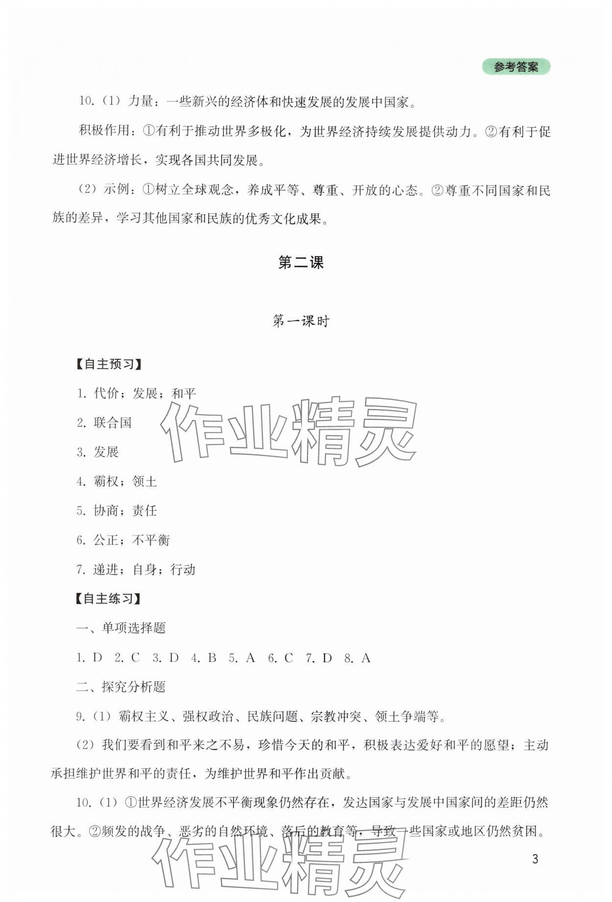 2024年新课程实践与探究丛书九年级道德与法治下册人教版 参考答案第3页