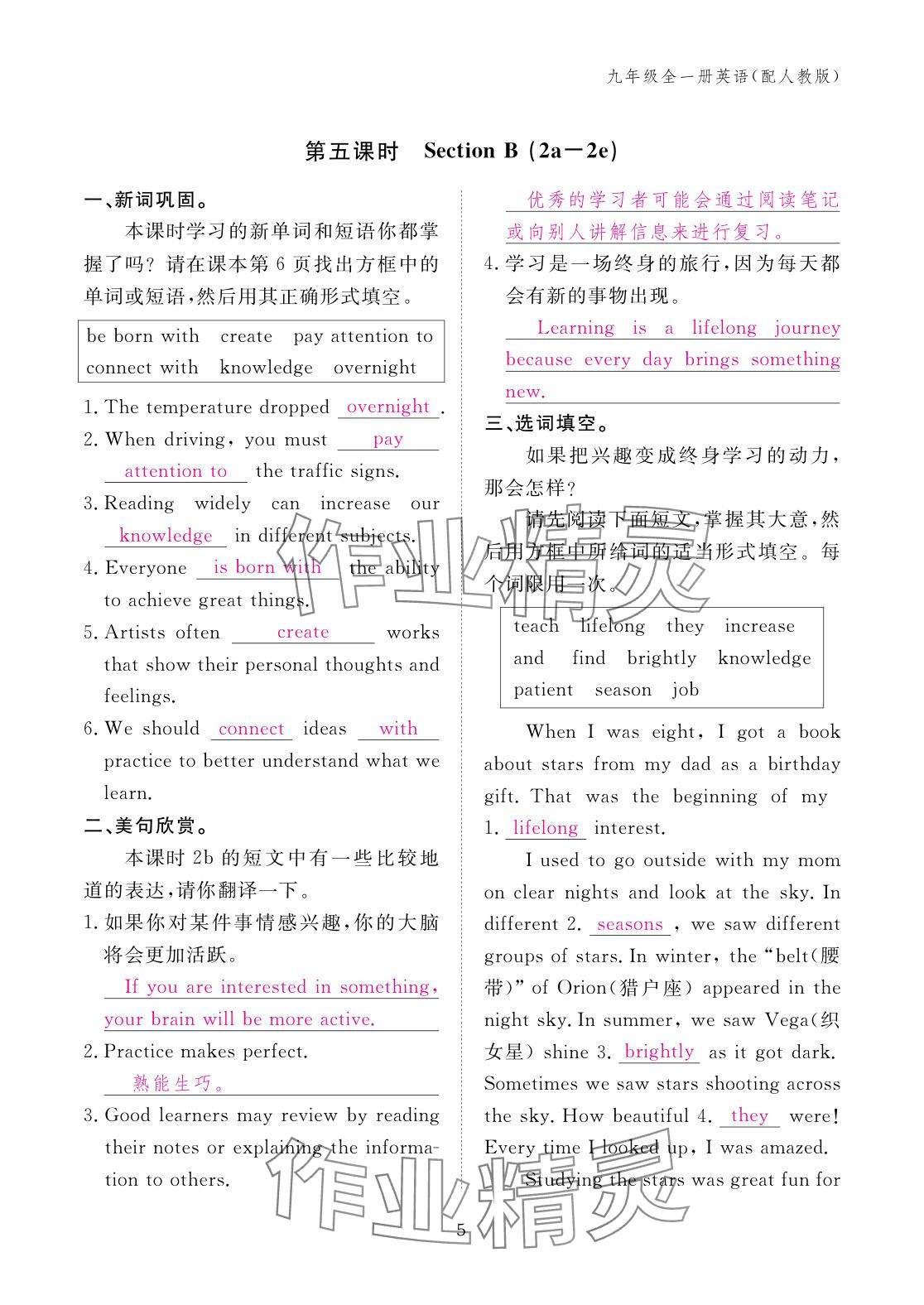 2025年作业本江西教育出版社九年级英语全一册人教版 参考答案第5页