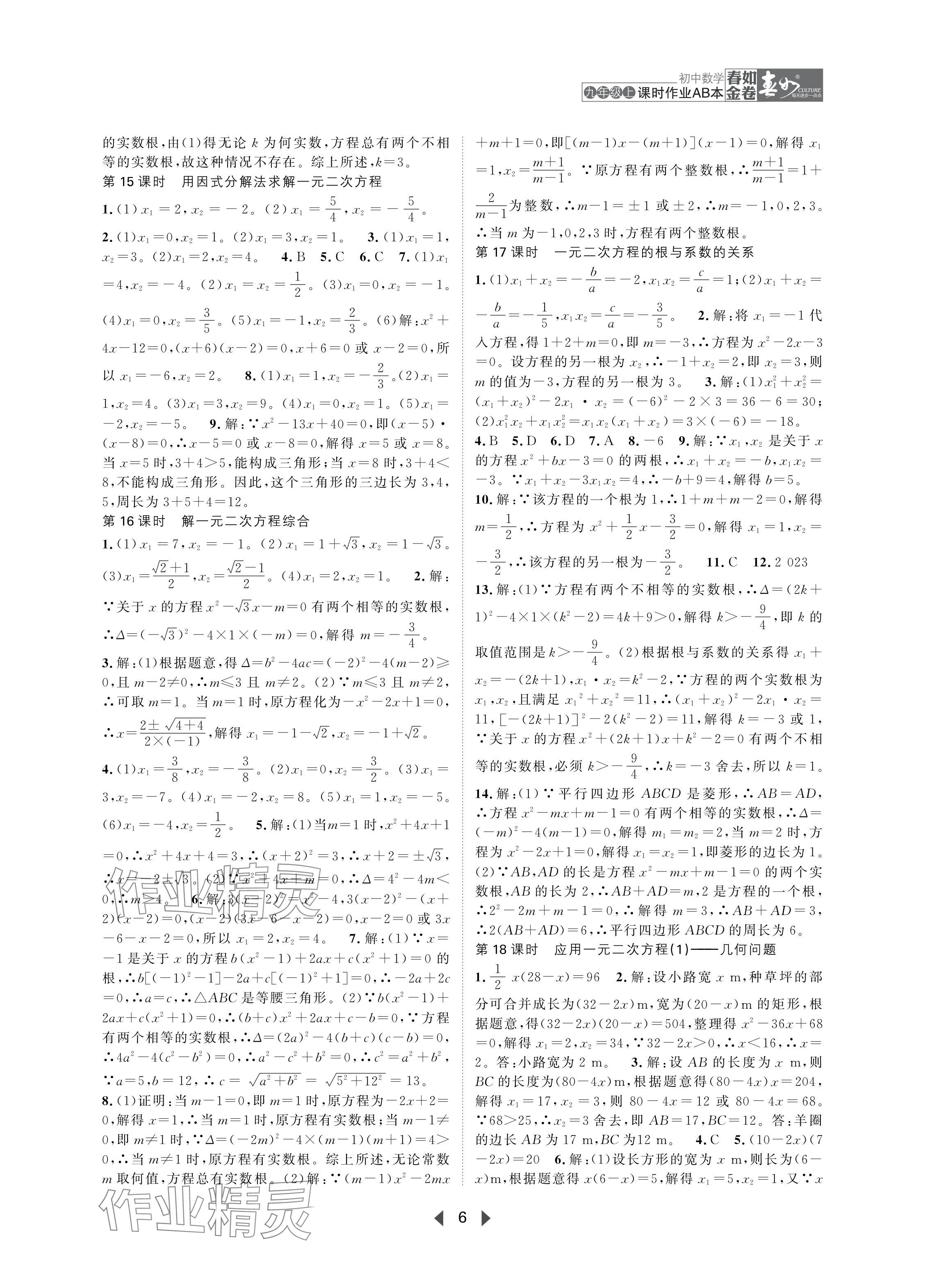 2024年春如金卷課時作業(yè)AB本九年級數(shù)學上冊北師大版 參考答案第6頁