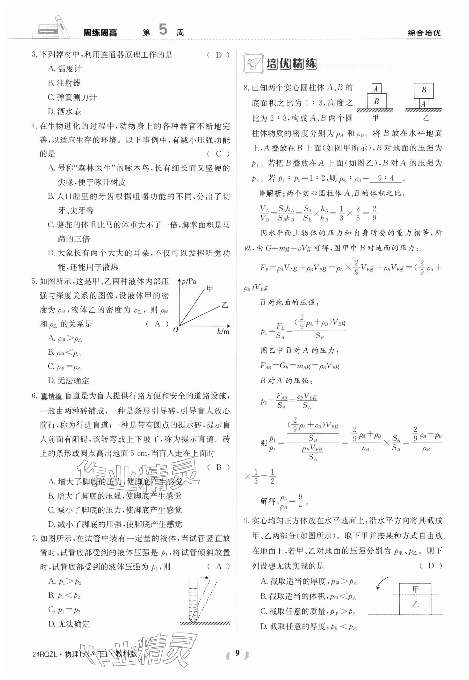 2024年日清周練八年級物理下冊教科版 參考答案第9頁