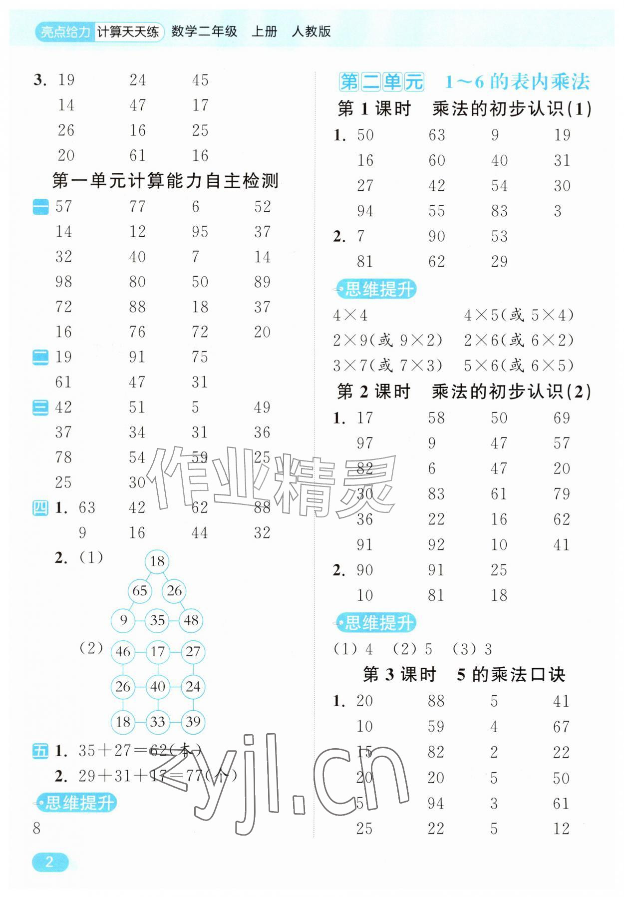 2026年亮点给力计算天天练二年级数学上册人教版&nbsp;第2页