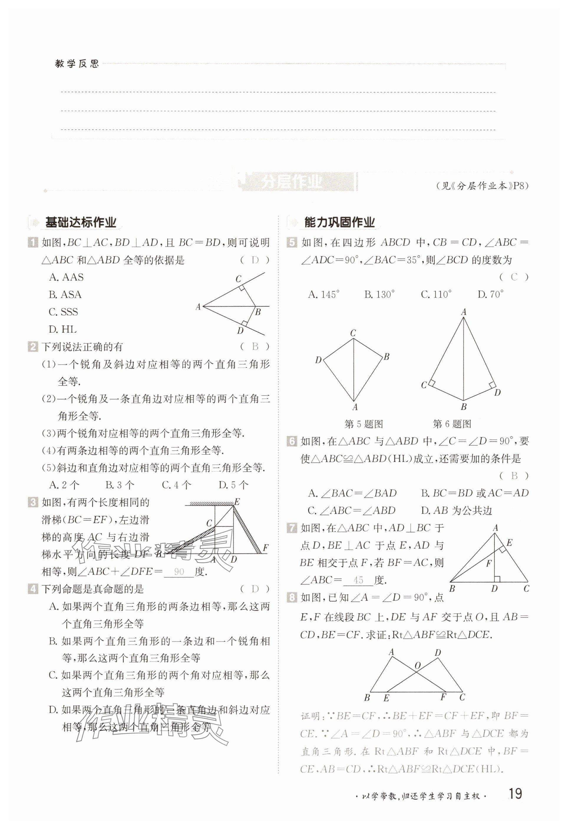 2025年金太陽導學案八年級數學下冊北師大版 參考答案第19頁