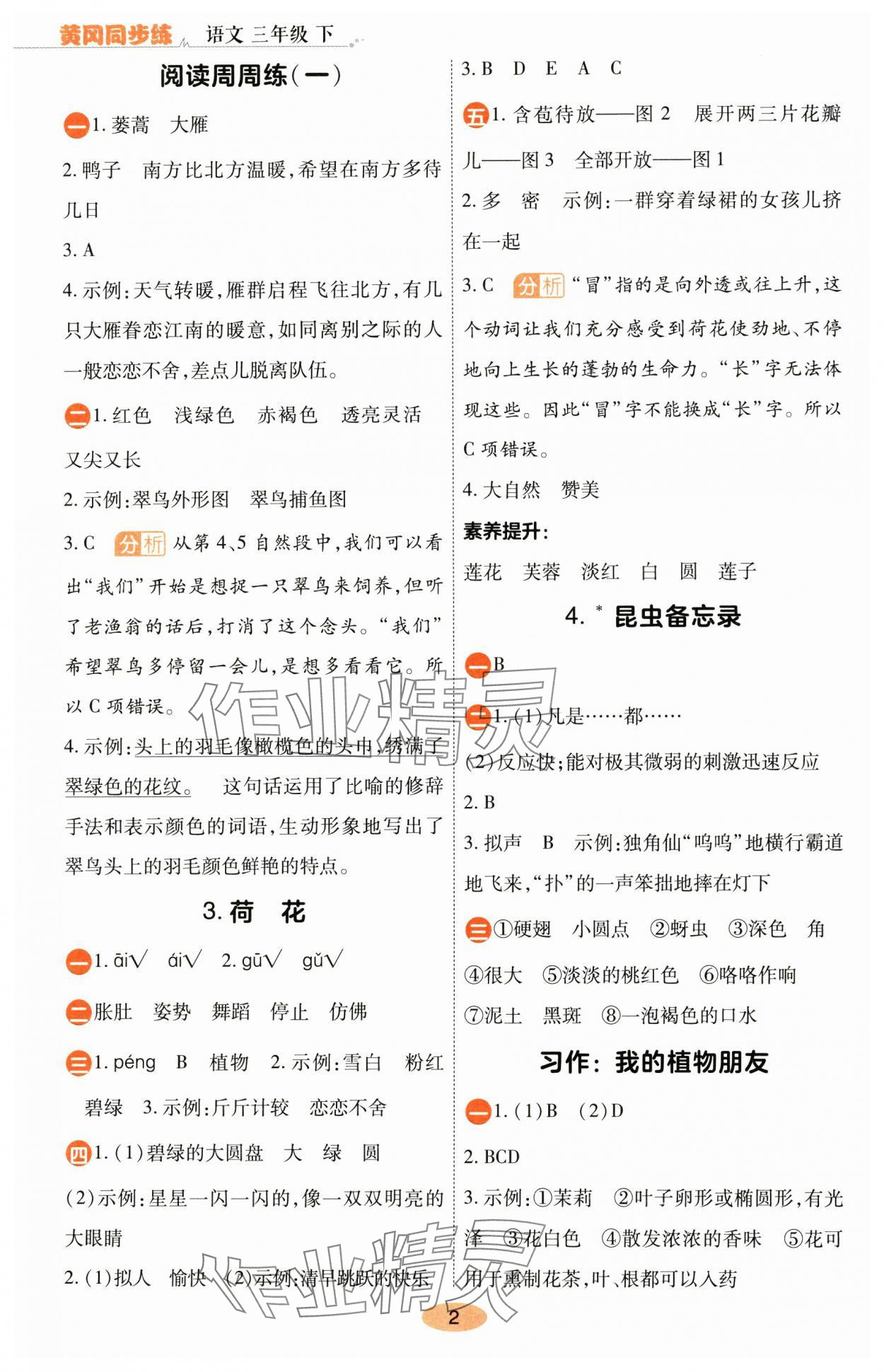 2025年黃岡同步練一日一練三年級語文下冊人教版 參考答案第2頁