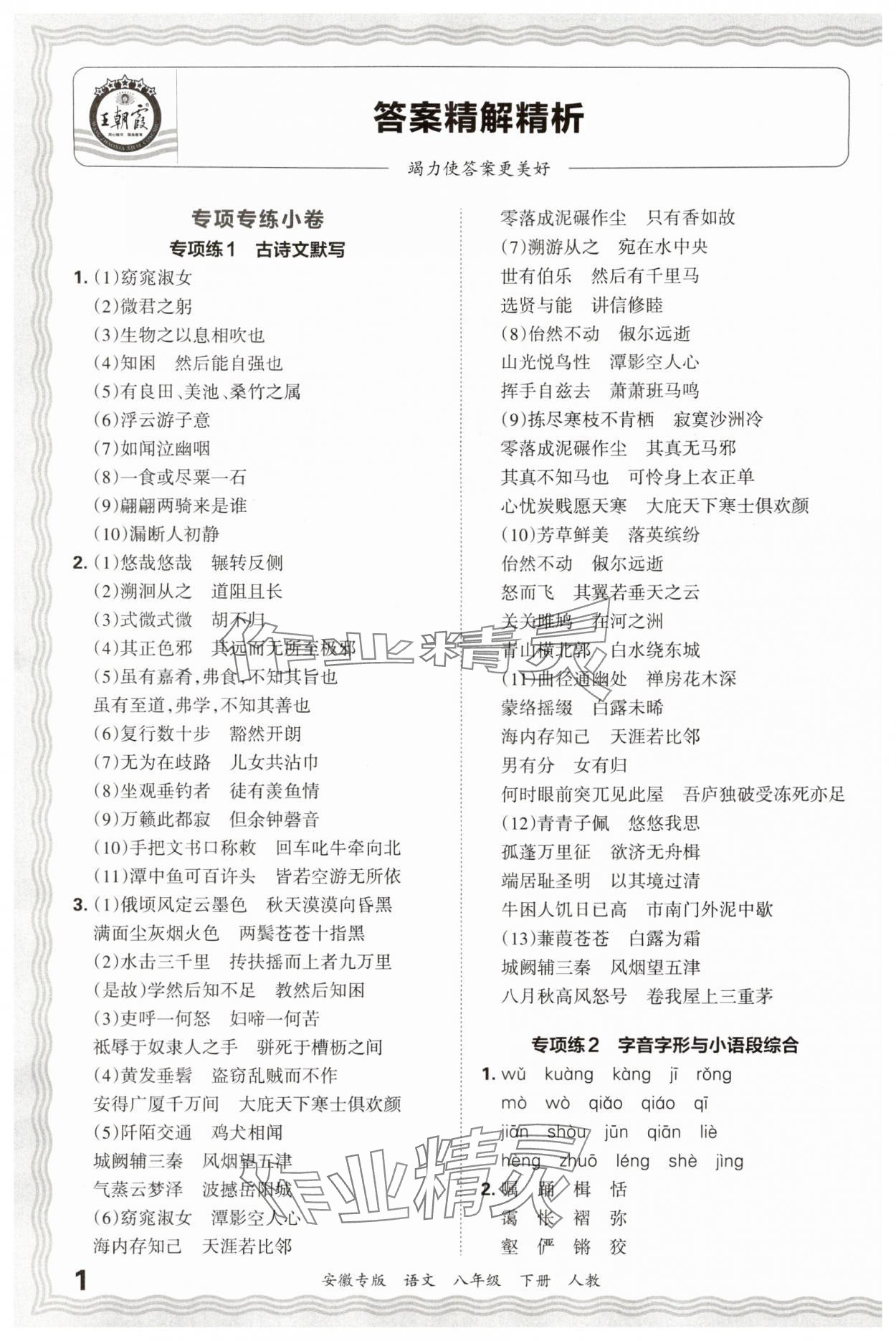 2025年王朝霞各地期末試卷精選八年級(jí)語文下冊(cè)人教版安徽專版 參考答案第1頁