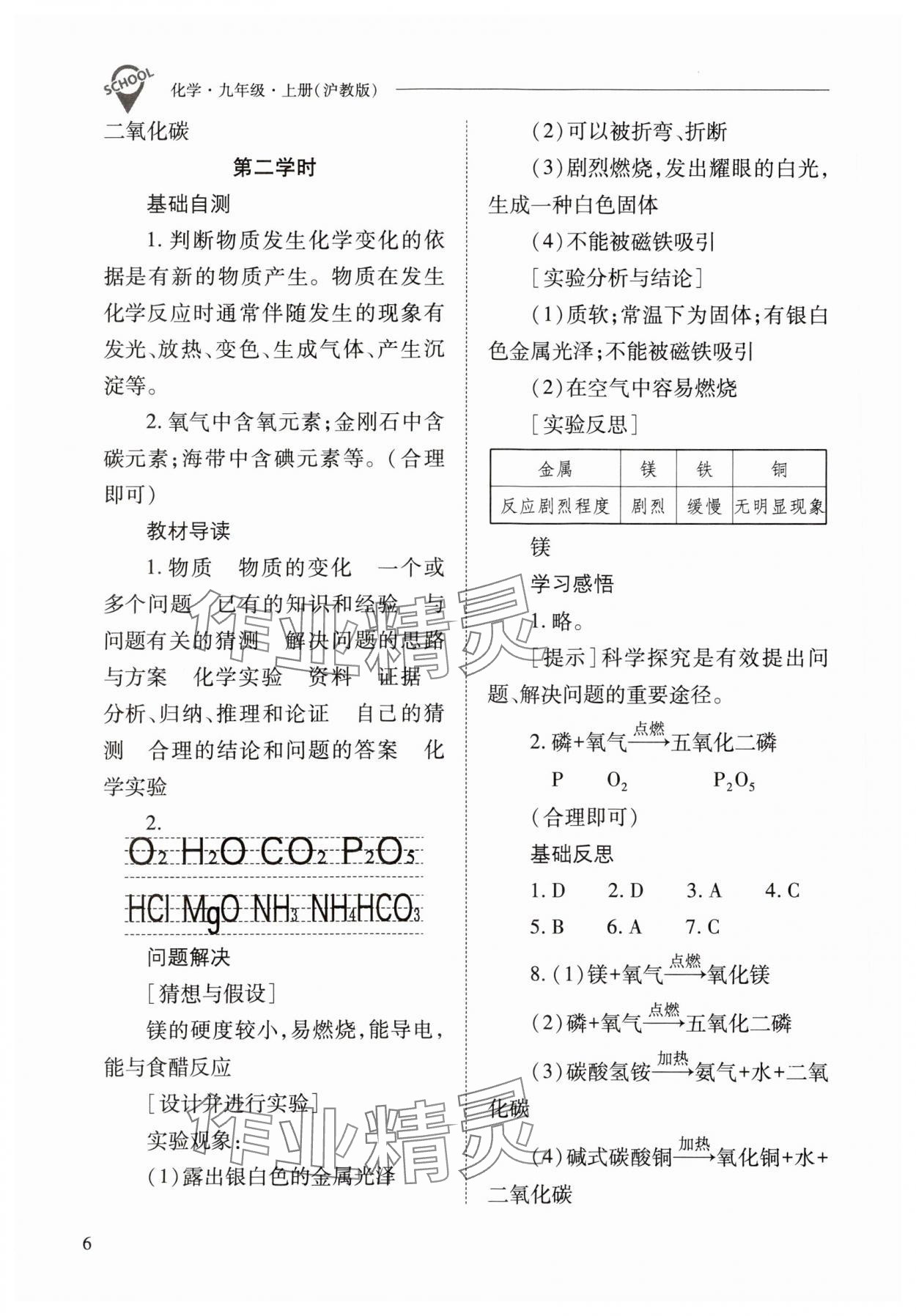 2023年新課程問題解決導(dǎo)學(xué)方案九年級化學(xué)上冊滬教版 參考答案第6頁