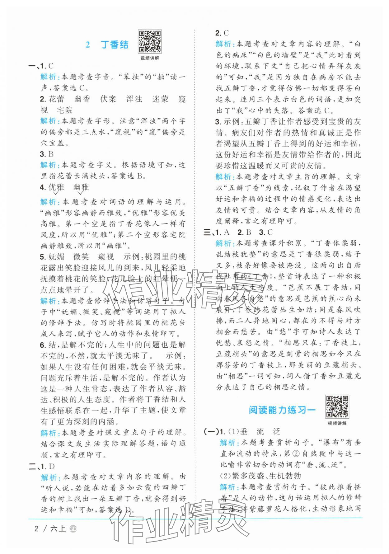 2025年阳光同学课时优化作业六年级语文上册人教版广东专版 参考答案第2页
