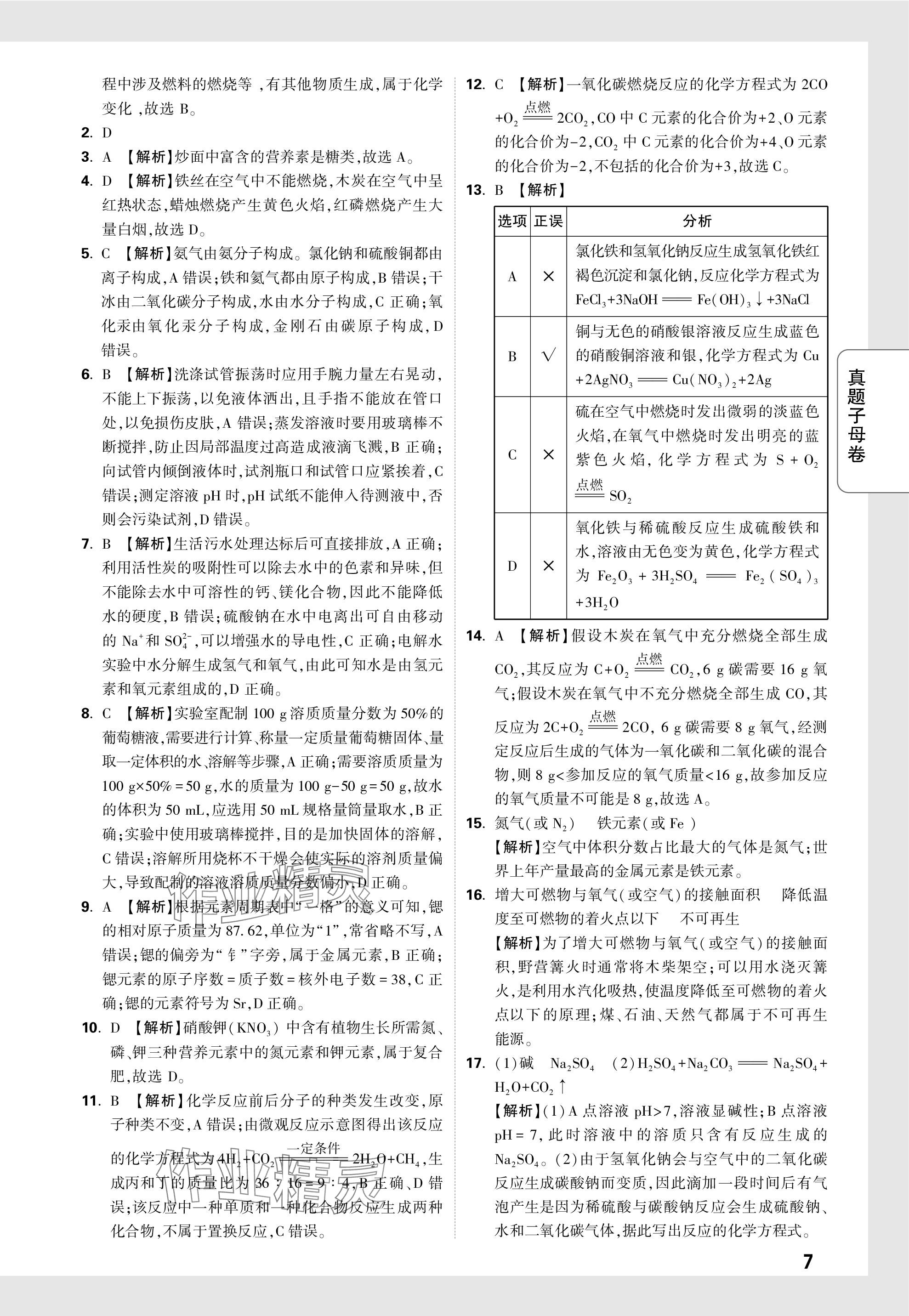 2024年萬唯中考真題子母卷化學(xué)河南專版&nbsp;參考答案第7頁