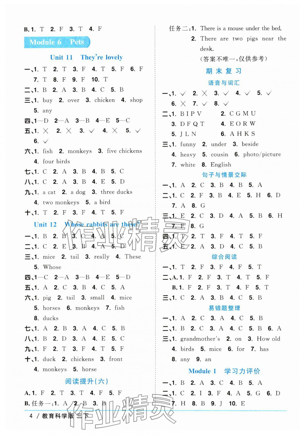 2024年陽光同學課時優(yōu)化作業(yè)三年級英語下冊教科版廣州專版 參考答案第4頁