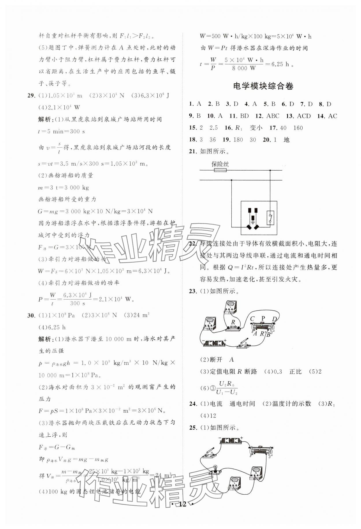 2024年初中總復(fù)習(xí)手冊分層專題卷物理五四制煙臺專版 參考答案第12頁