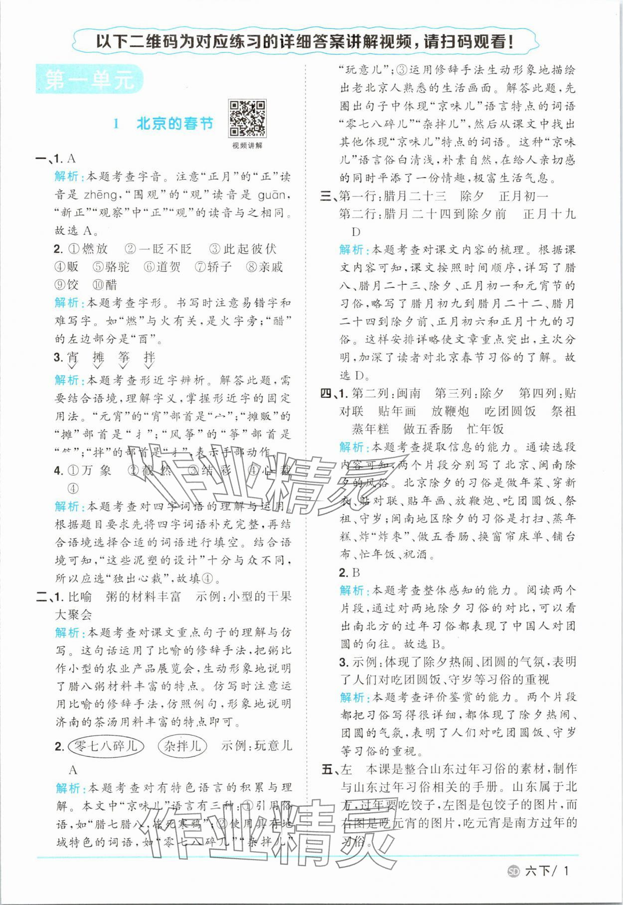 2025年阳光同学课时优化作业六年级语文下册人教版菏泽专版 参考答案第1页