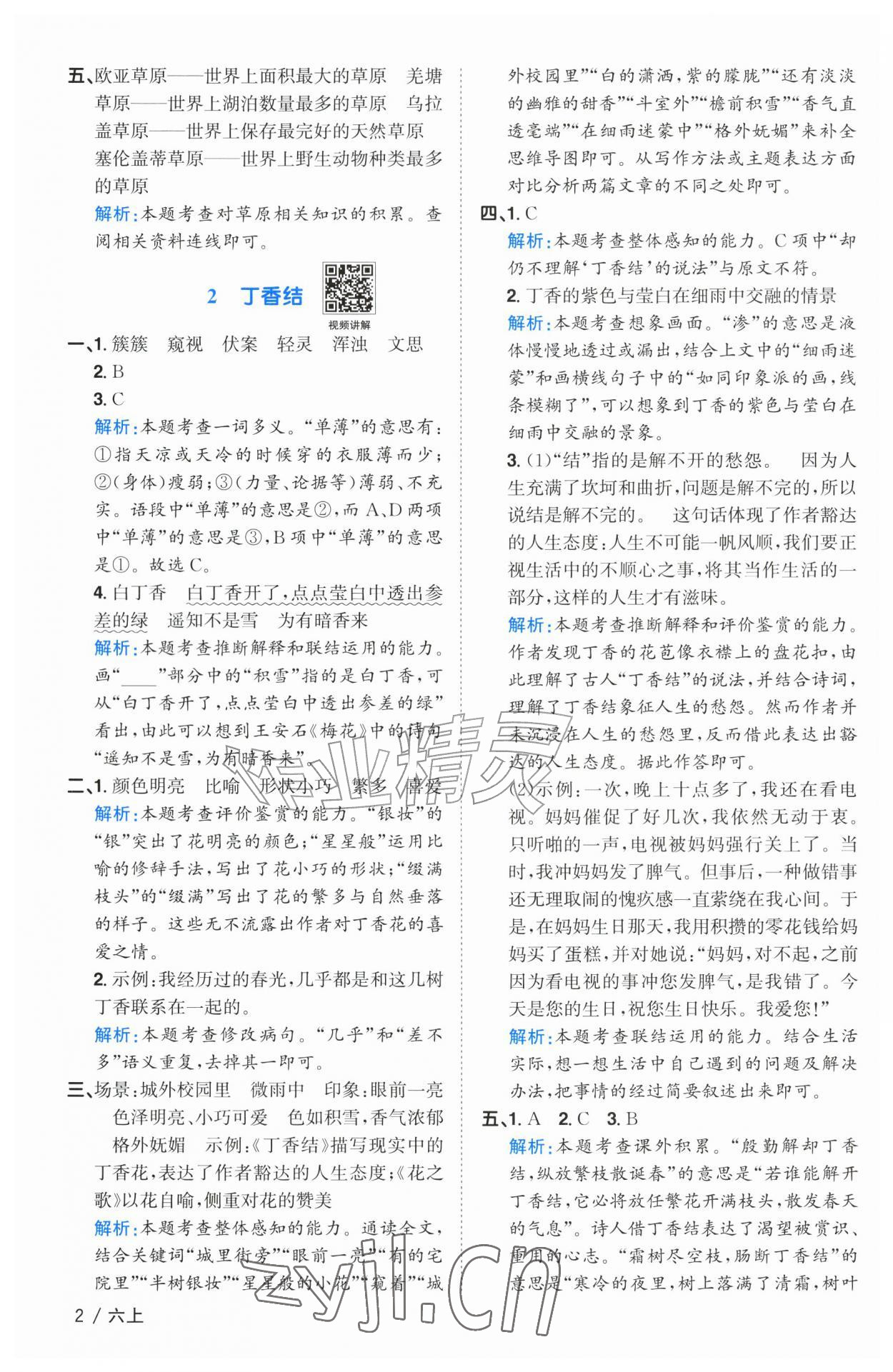 2026年阳光同学课时优化作业六年级语文上册人教版广东专版&nbsp;参考答案第2页