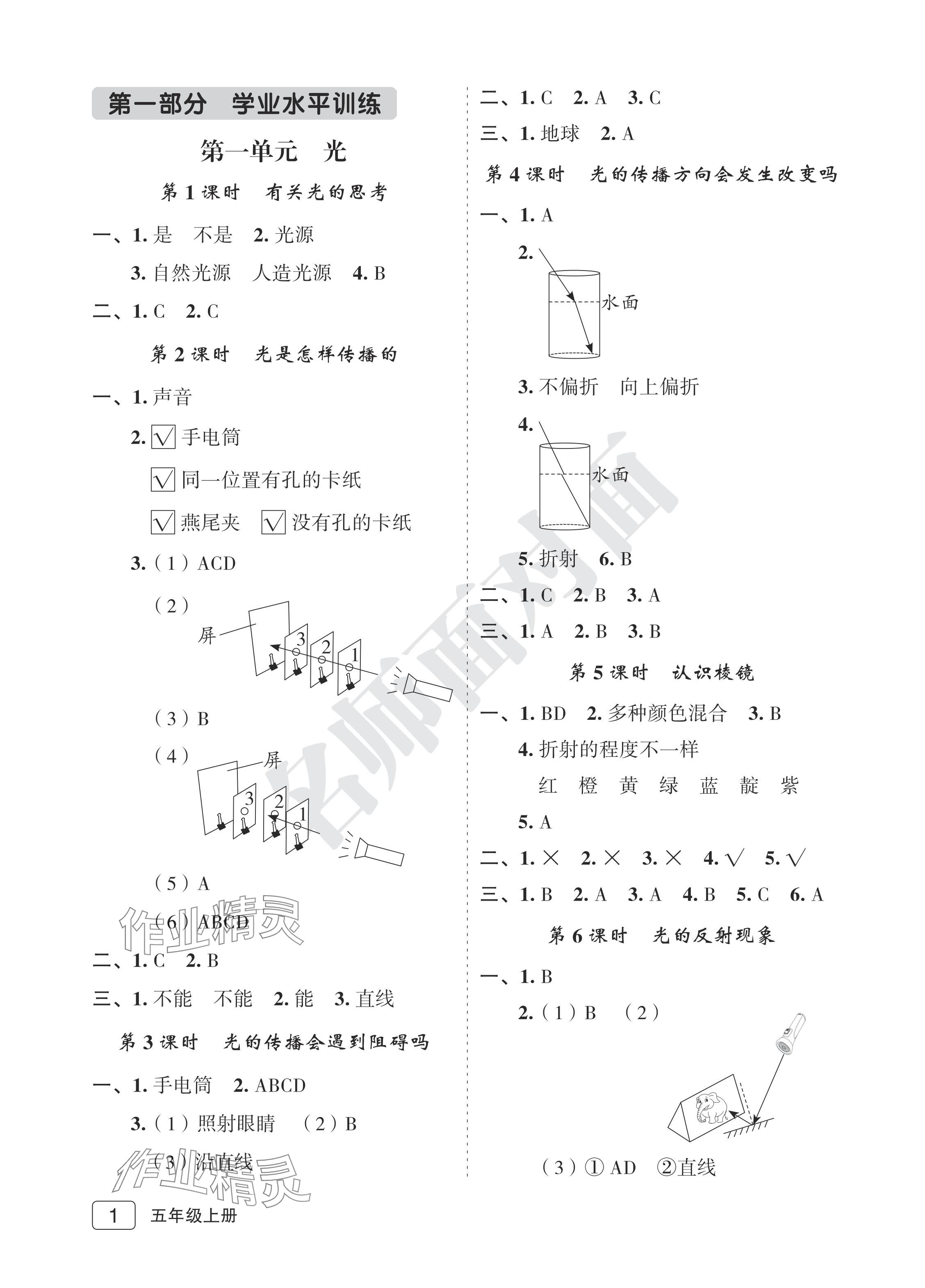 2024年名師面對面先學后練五年級科學上冊教科版評議教輔 參考答案第1頁