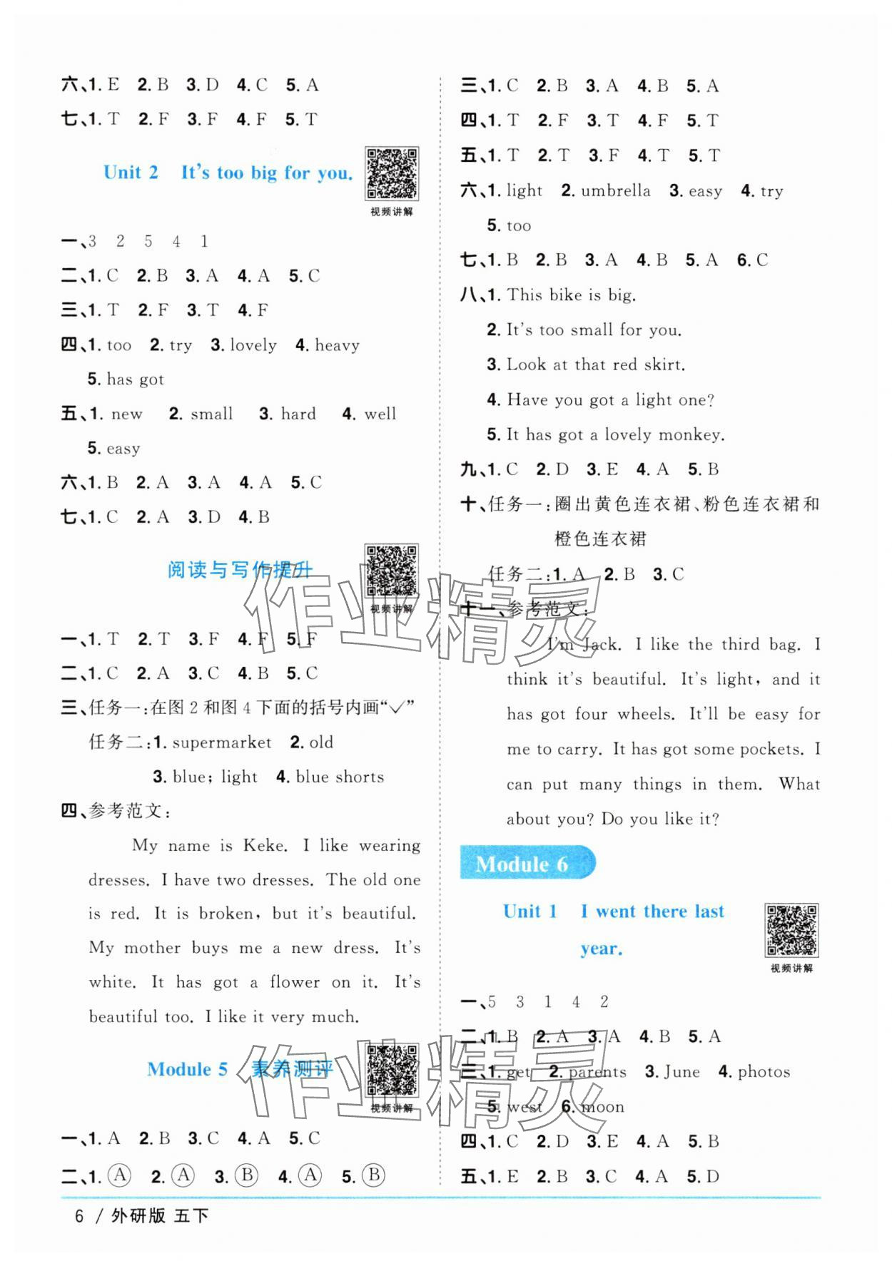 2025年阳光同学课时优化作业五年级英语下册外研版 参考答案第6页